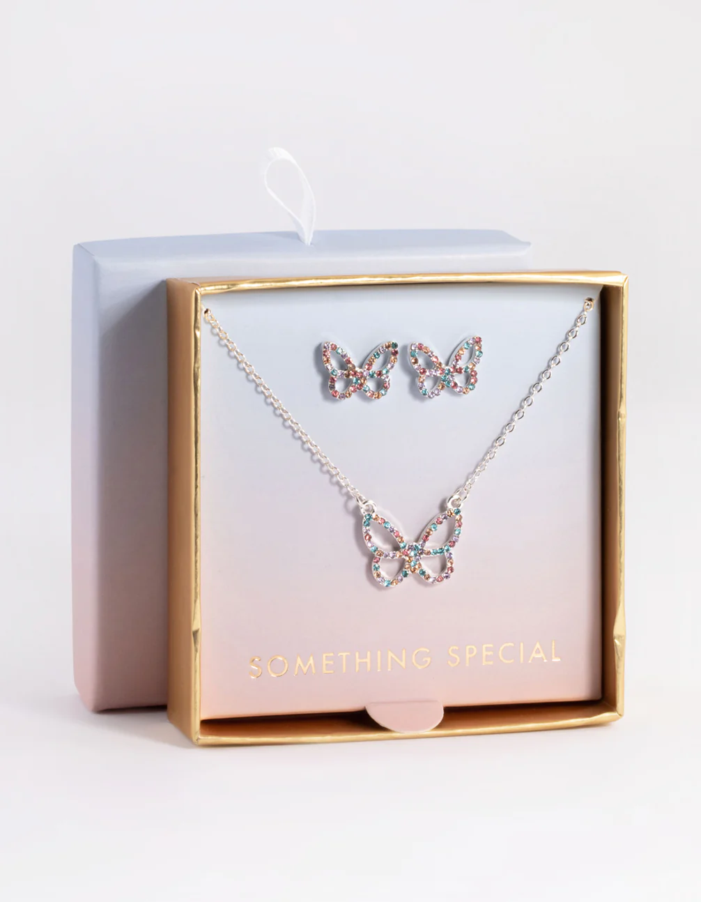 Silver Diamante Butterfly Necklace & Stud Earring Set - Image 3