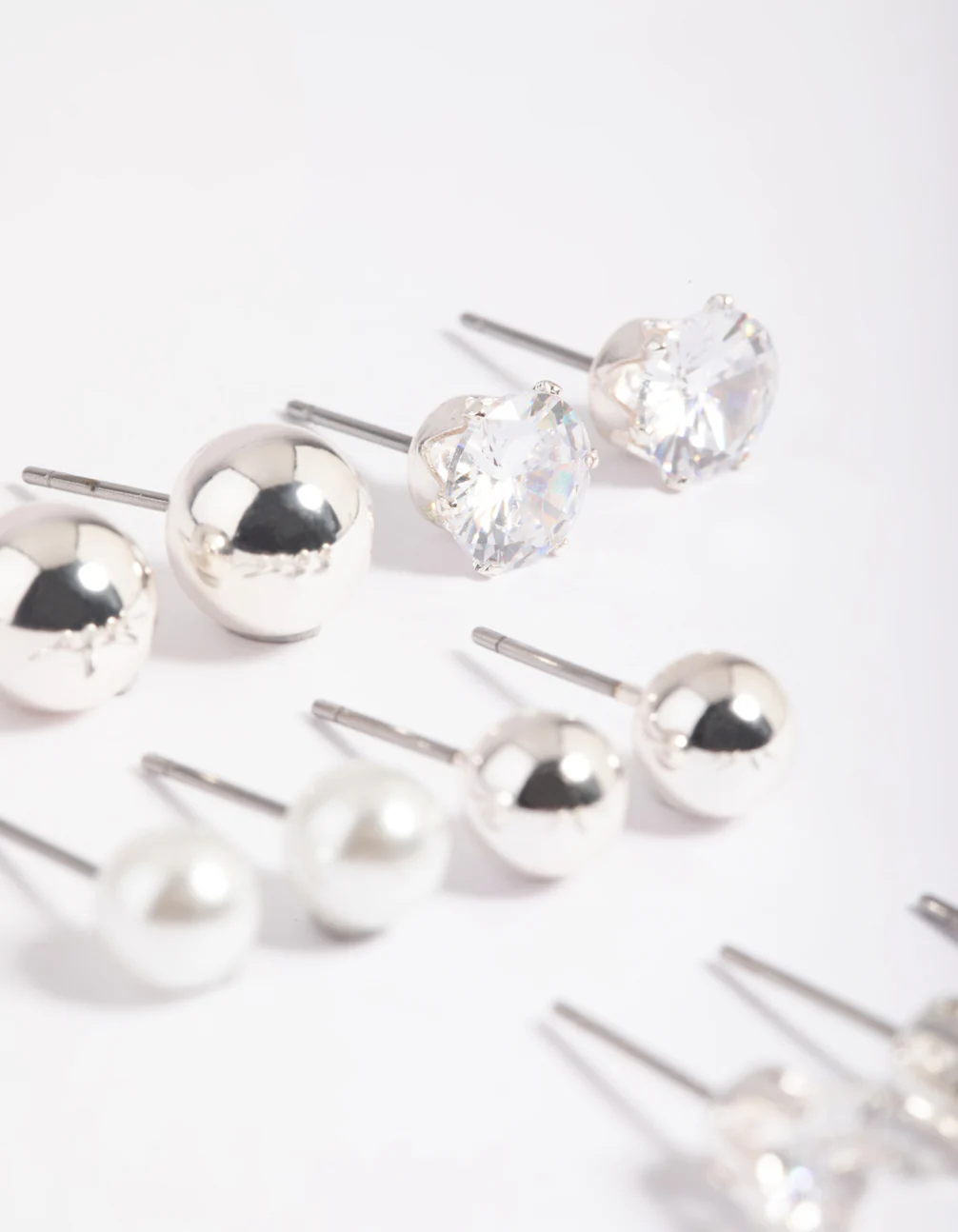 Silver Diamante Pearl Stud Earrings 6-Pack - Image 3