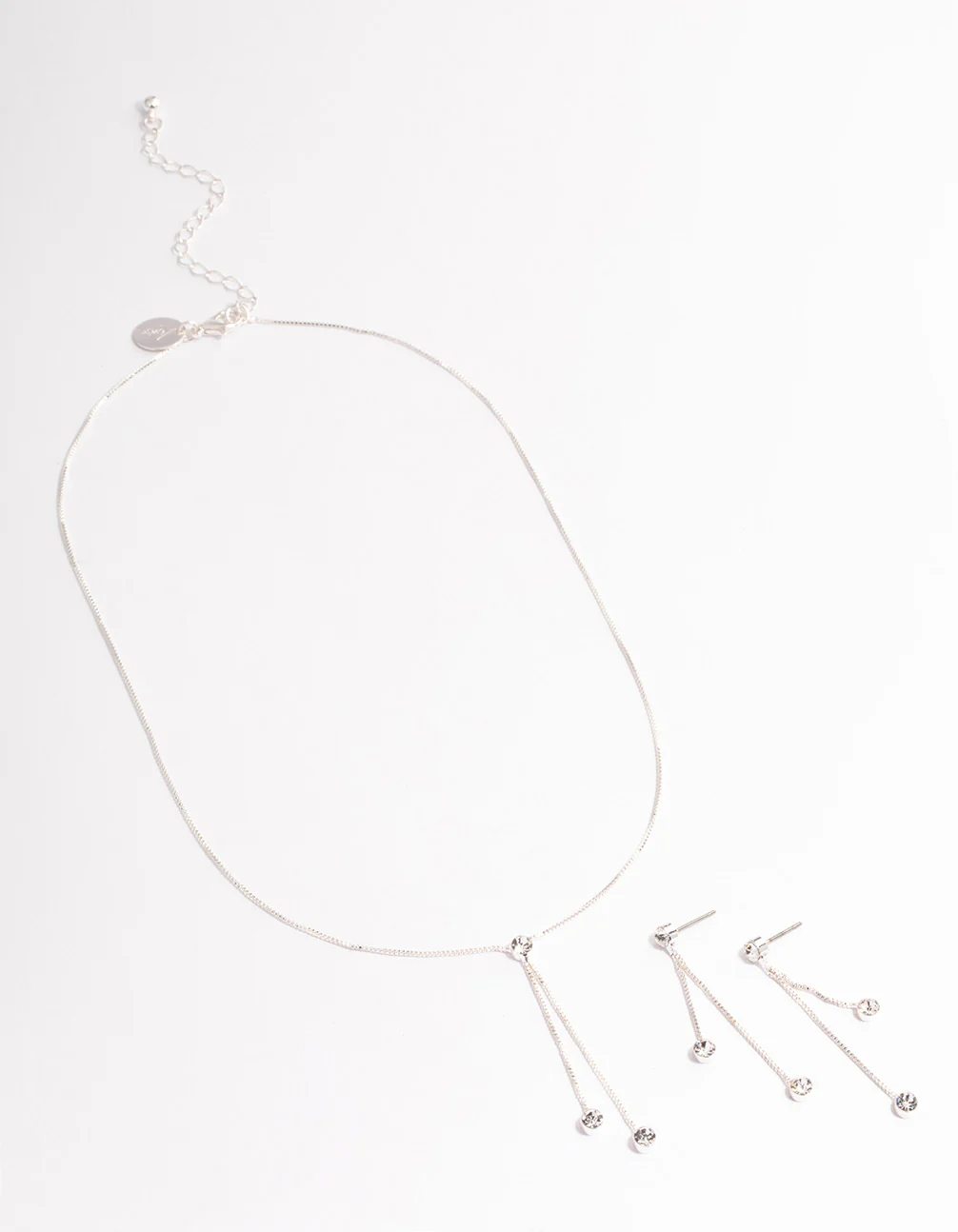 Silver Diamante Y-Shape Necklace & Drop Earrings Jewellery Set - Image 2