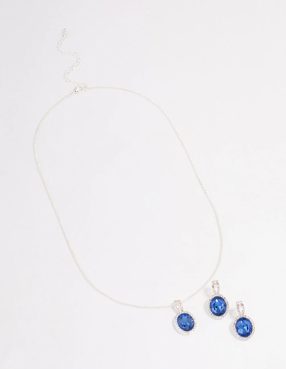 Silver Oval Blue Halo Necklace & Stud Earrings Jewellery Set - Image 2