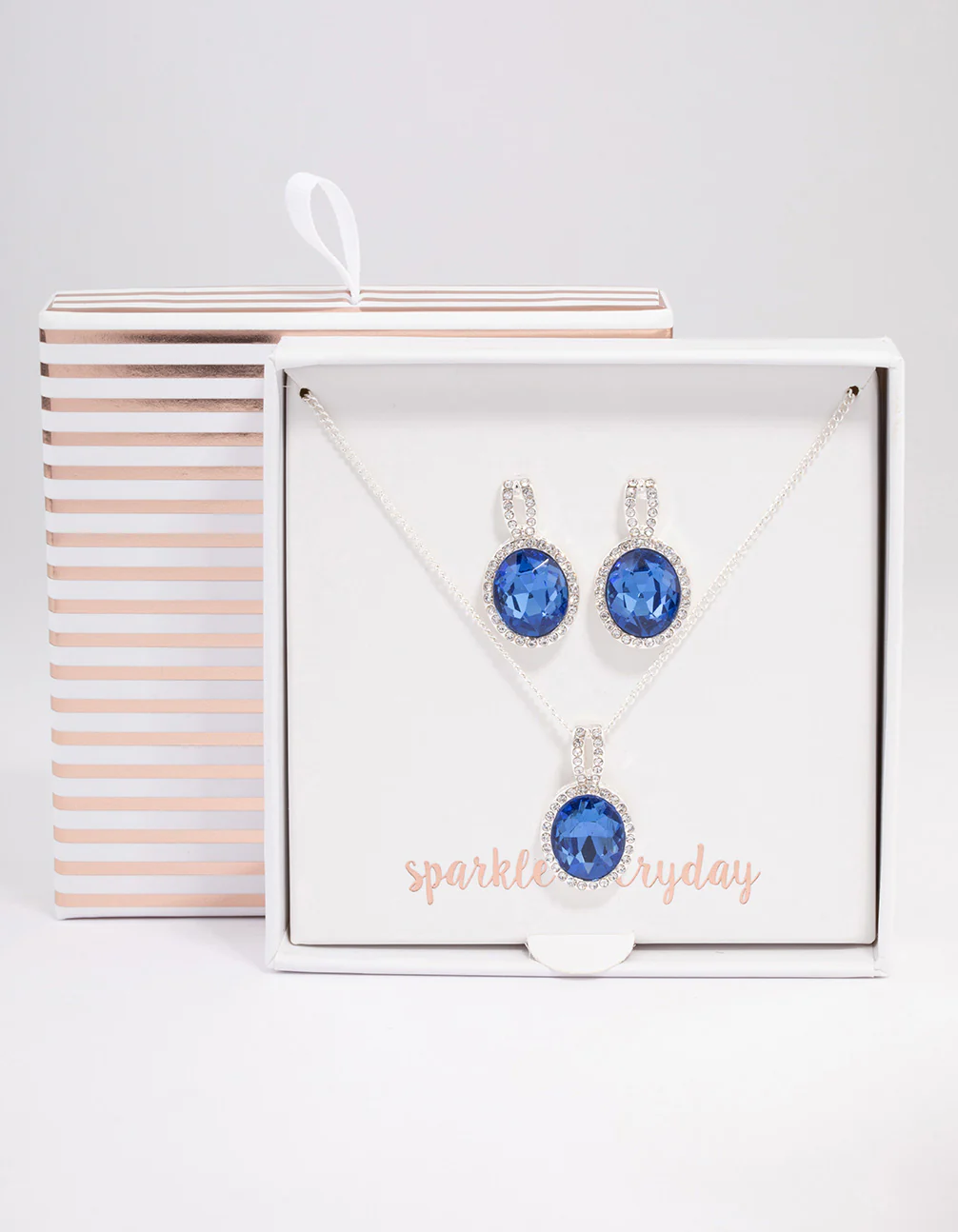 Silver Oval Blue Halo Necklace & Stud Earrings Jewellery Set - Image 3