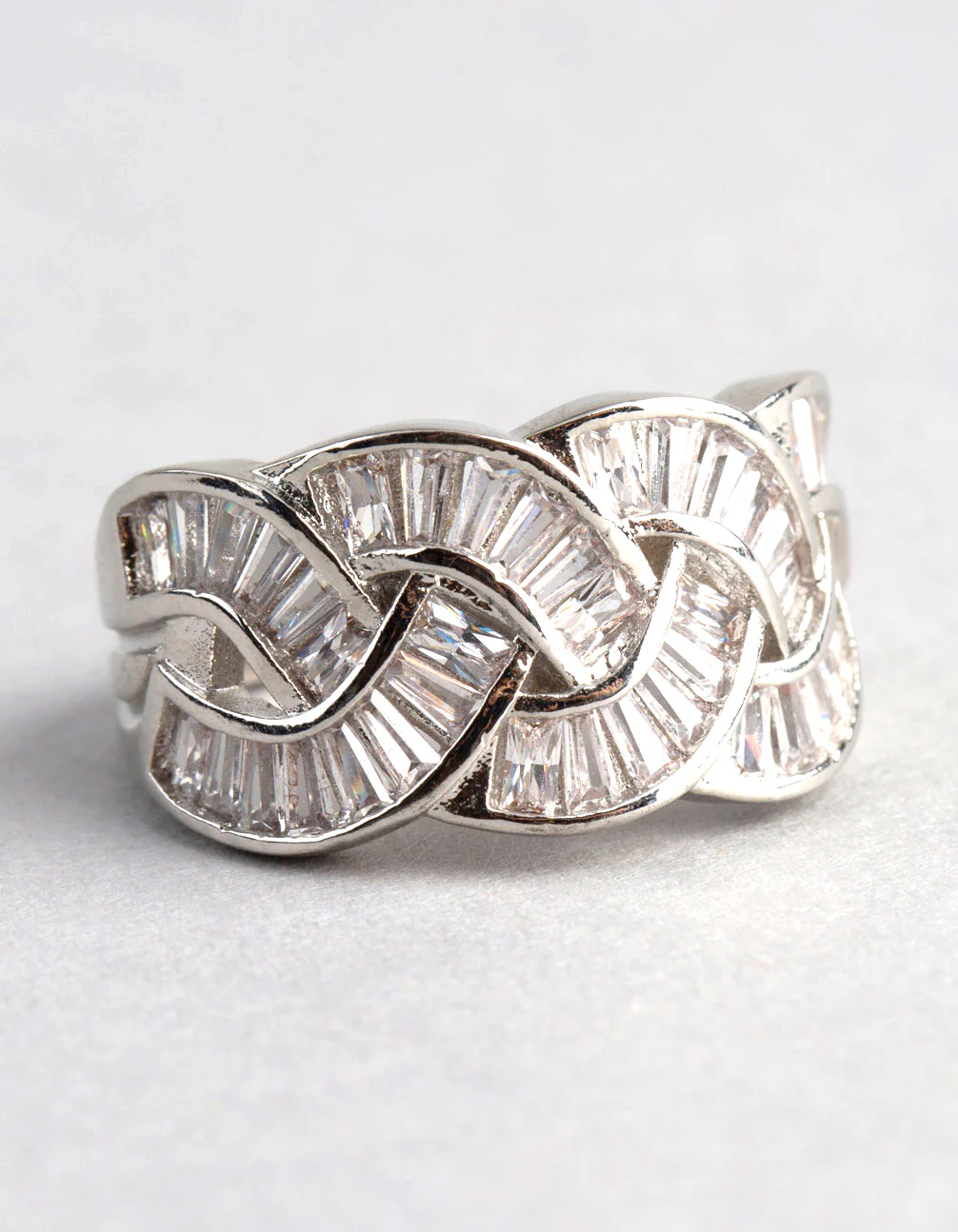 Silver Cubic Zirconia Baguette Stone Plaited Ring - Image 2