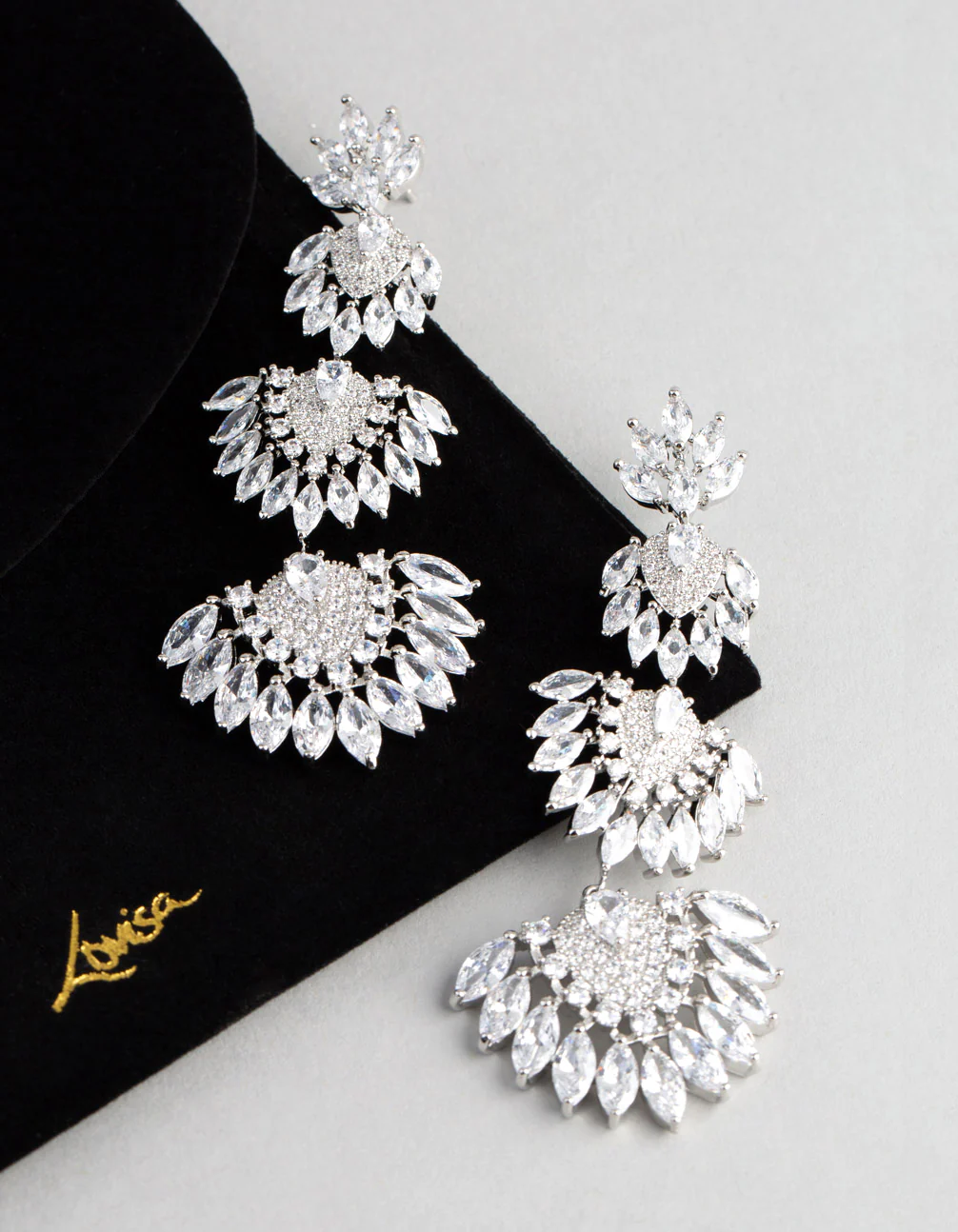 Silver Cubic Zirconia Statement Fan Drop Earrings - Image 4