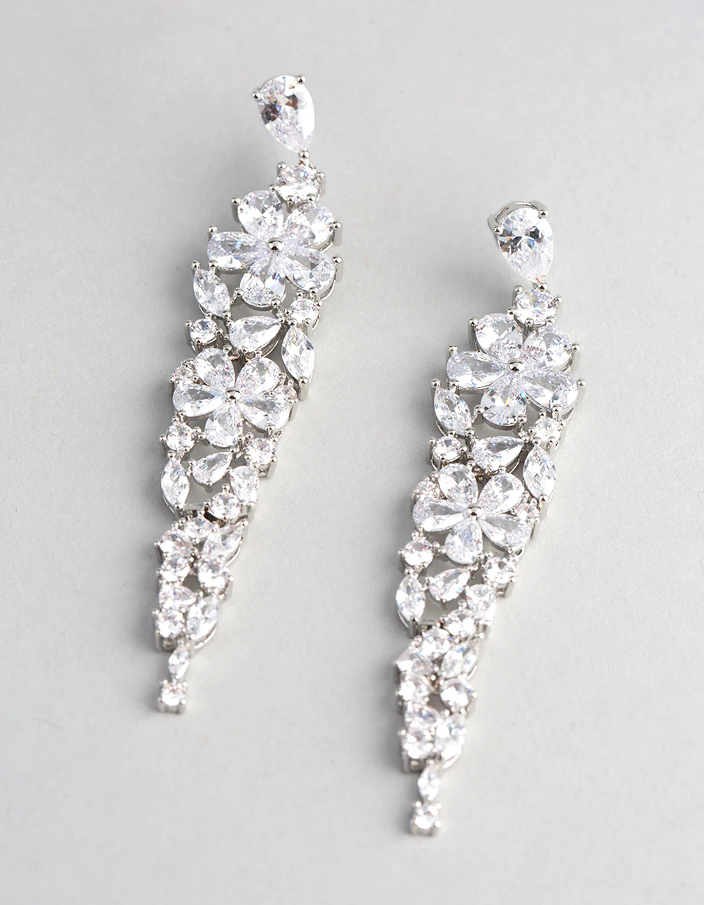 Silver Cubic Zirconia Statement Flower Drop Earrings - Image 2