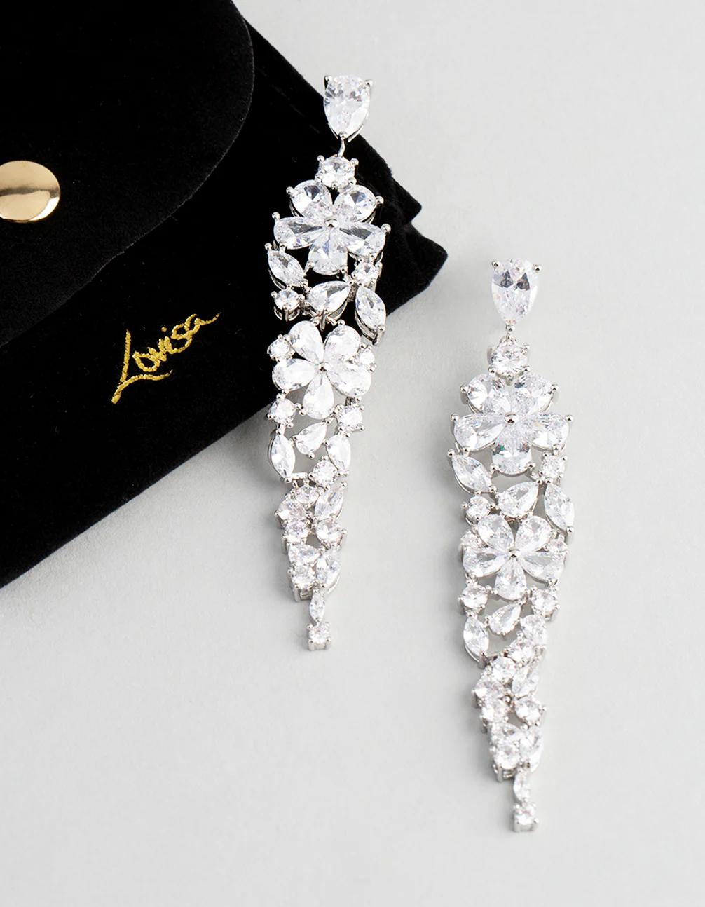 Silver Cubic Zirconia Statement Flower Drop Earrings - Image 4
