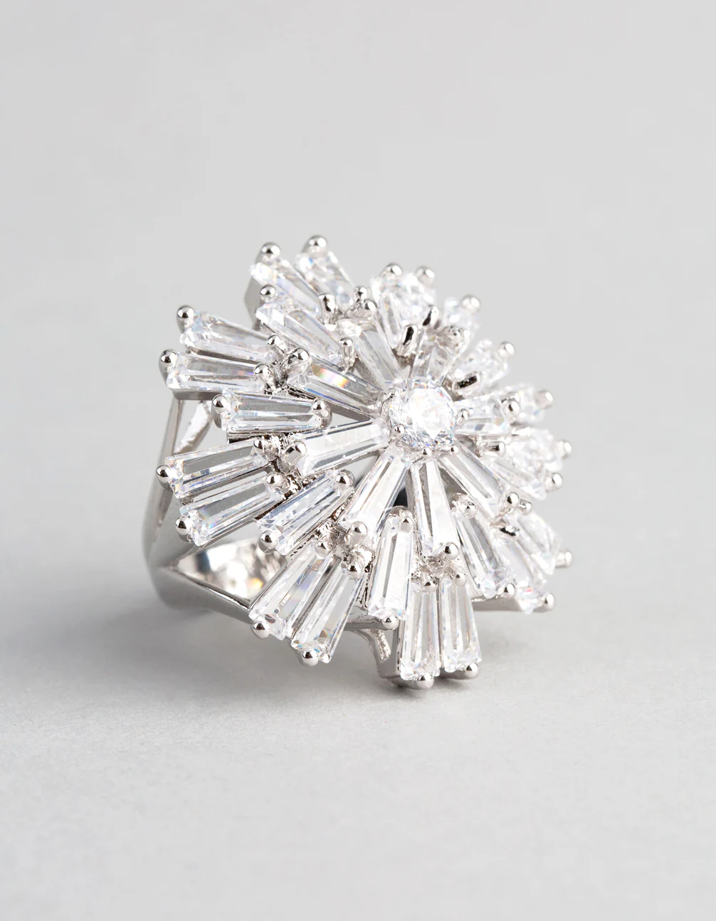 Silver Cubic Zirconia Statement Starbust Cocktail Ring - Image 2