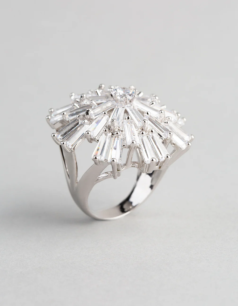 Silver Cubic Zirconia Statement Starbust Cocktail Ring - Image 3