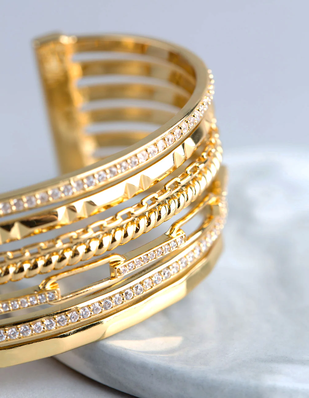 18ct Gold Plated Brass Cubic Zirconia Multi Row Cuff Bracelet - Image 2
