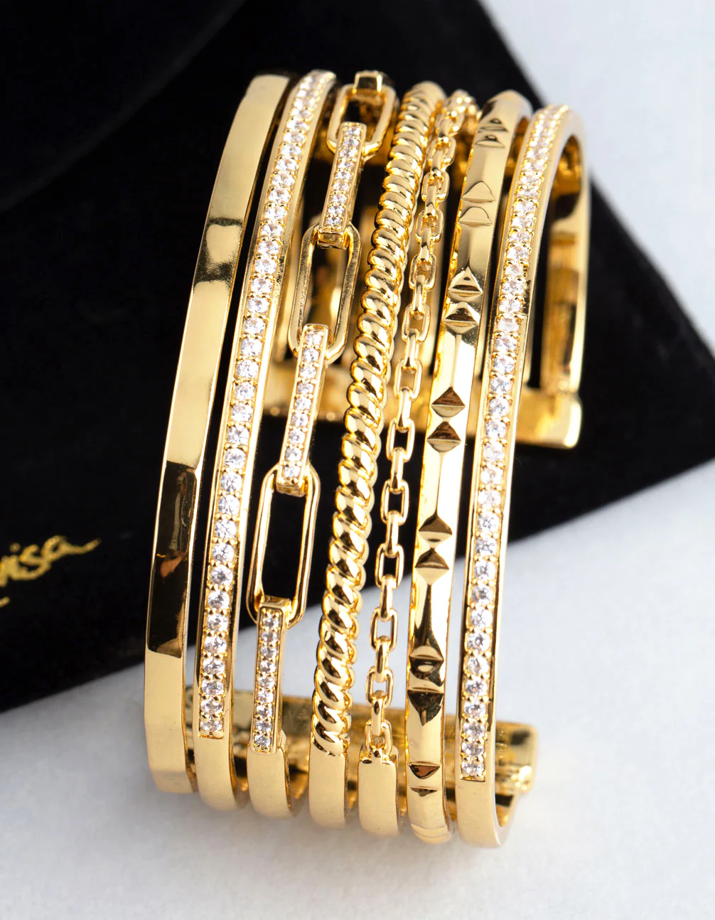 18ct Gold Plated Brass Cubic Zirconia Multi Row Cuff Bracelet - Image 4