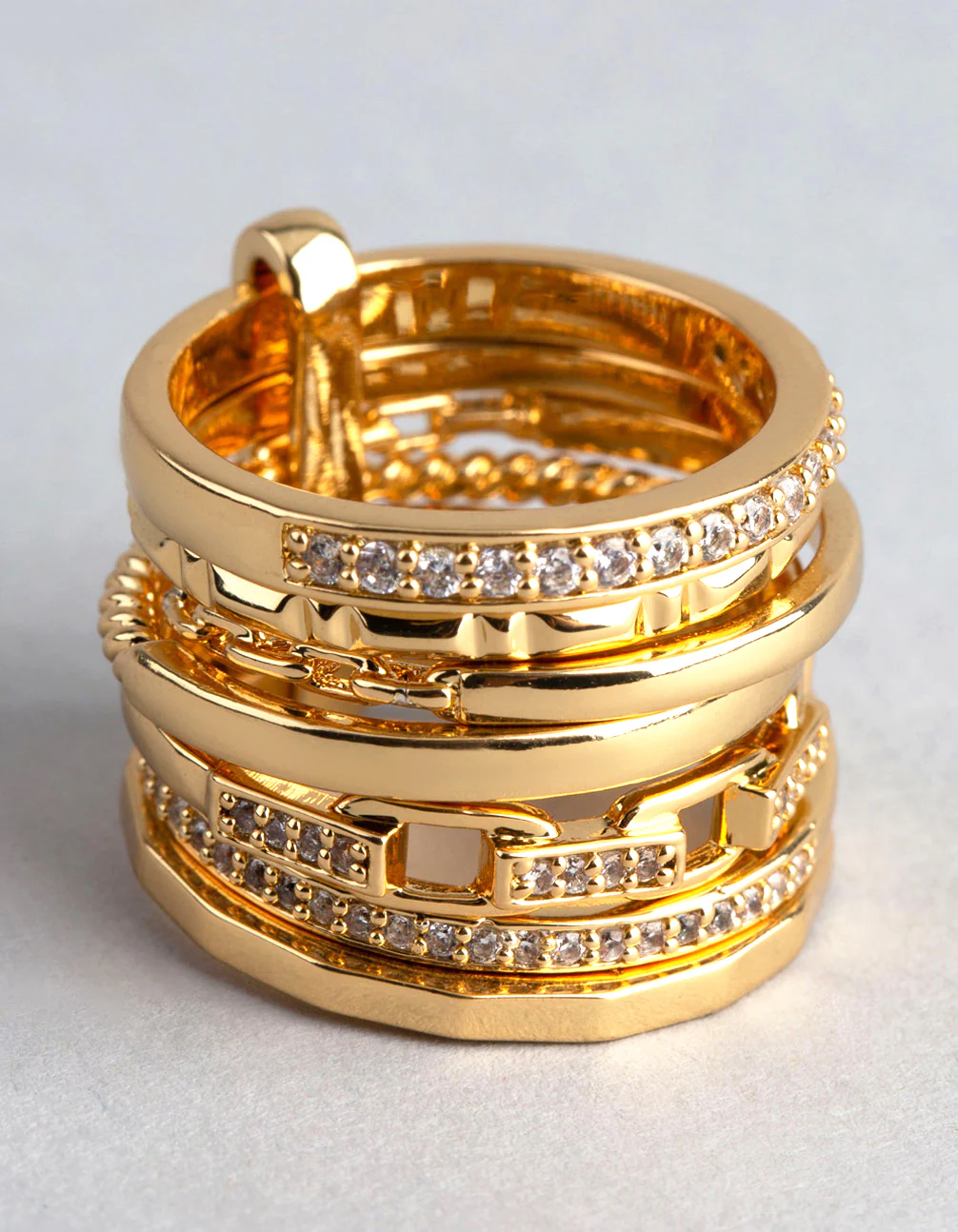 18ct Gold Plated Brass Cubic Zirconia Multi Row Stack Ring - Image 2