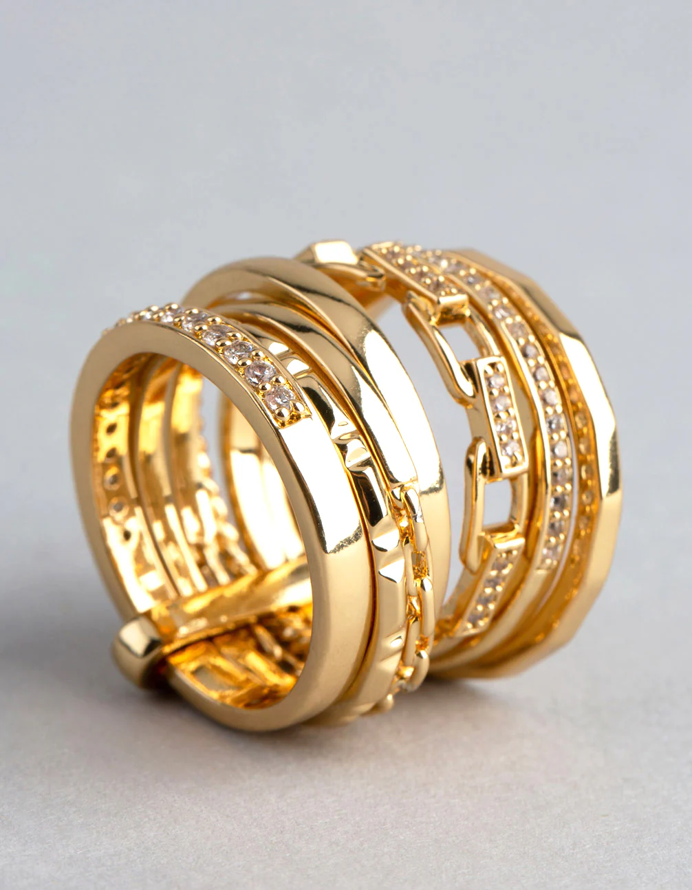 18ct Gold Plated Brass Cubic Zirconia Multi Row Stack Ring - Image 3