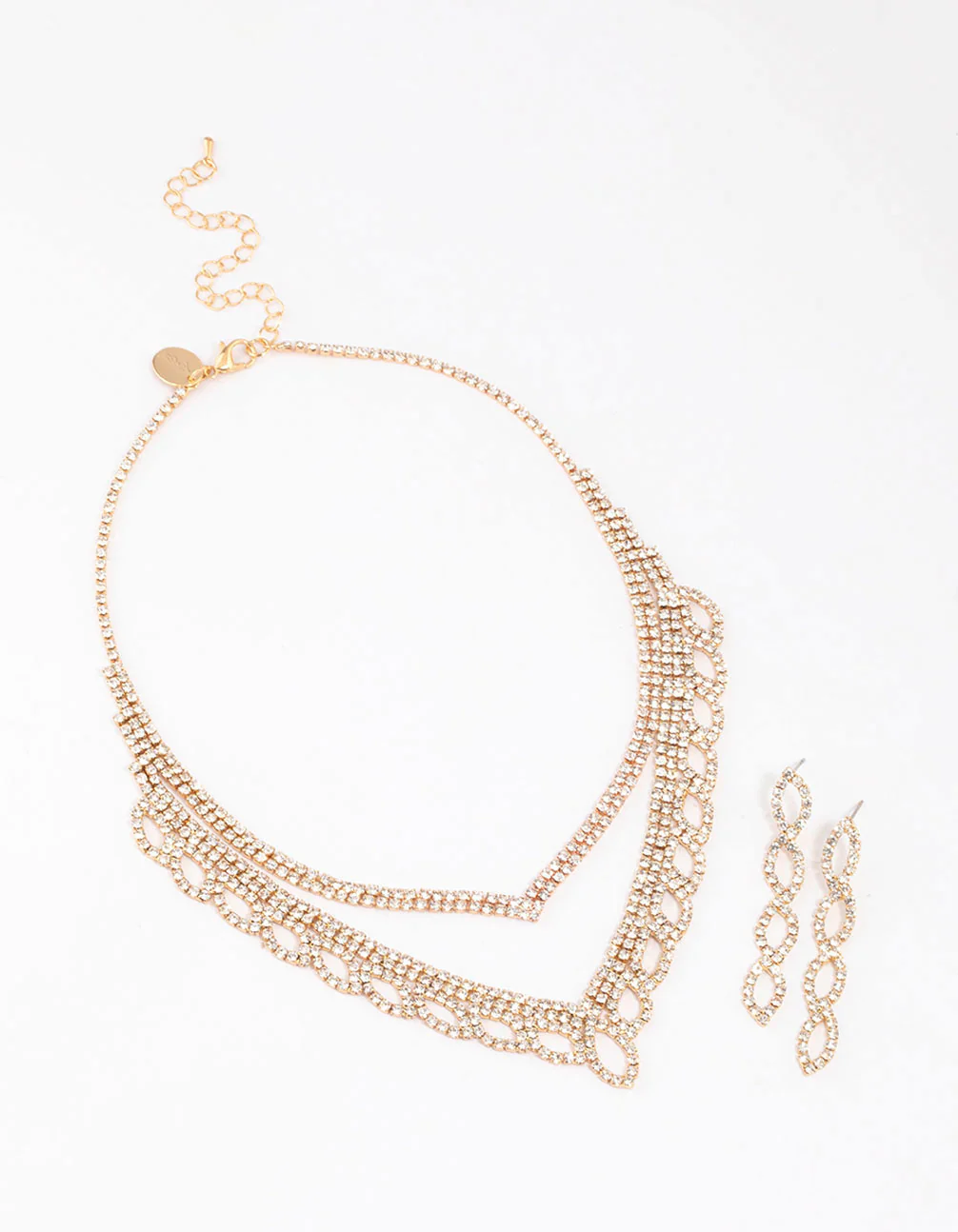 Gold Diamante Leaf Pointed Earrings & Necklace Set - Image 2
