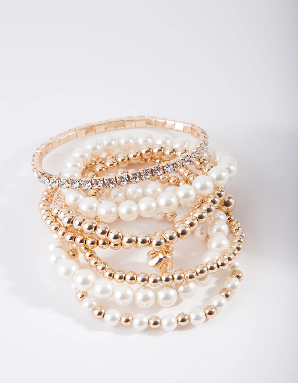 Gold Pearl & Diamante Stretch Bracelet 7-Pack - Image 3