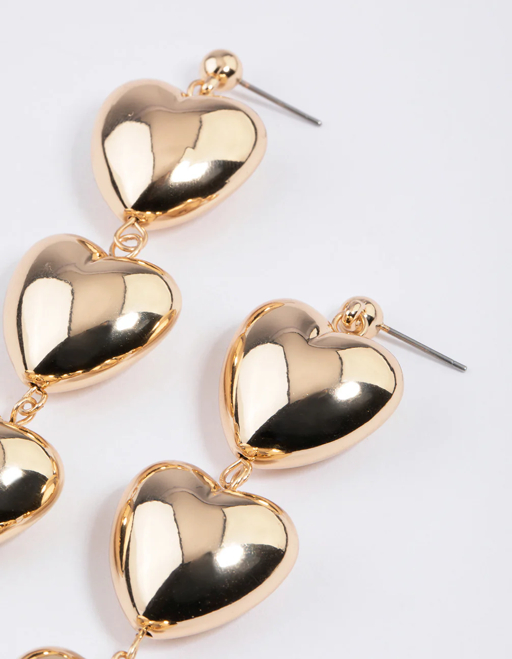 Gold Triple Puffy Heart Drop Earrings - Image 2