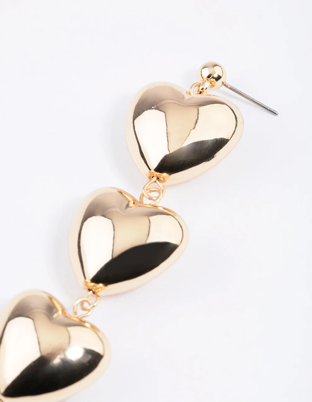 Gold Triple Puffy Heart Drop Earrings - Image 3