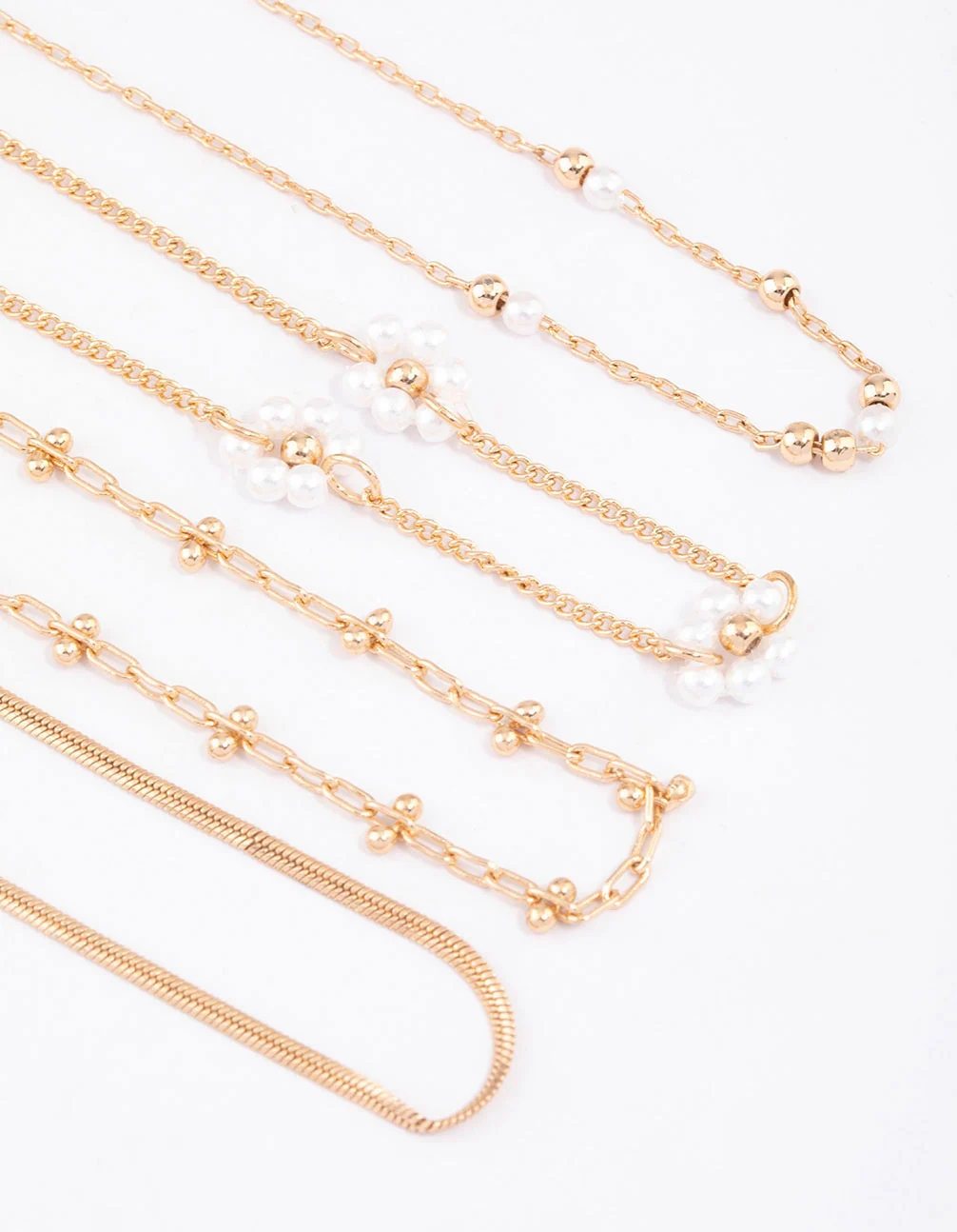 Gold Chain Pearly Flower Bracelet & Anklet 4-Pack Set - Image 2