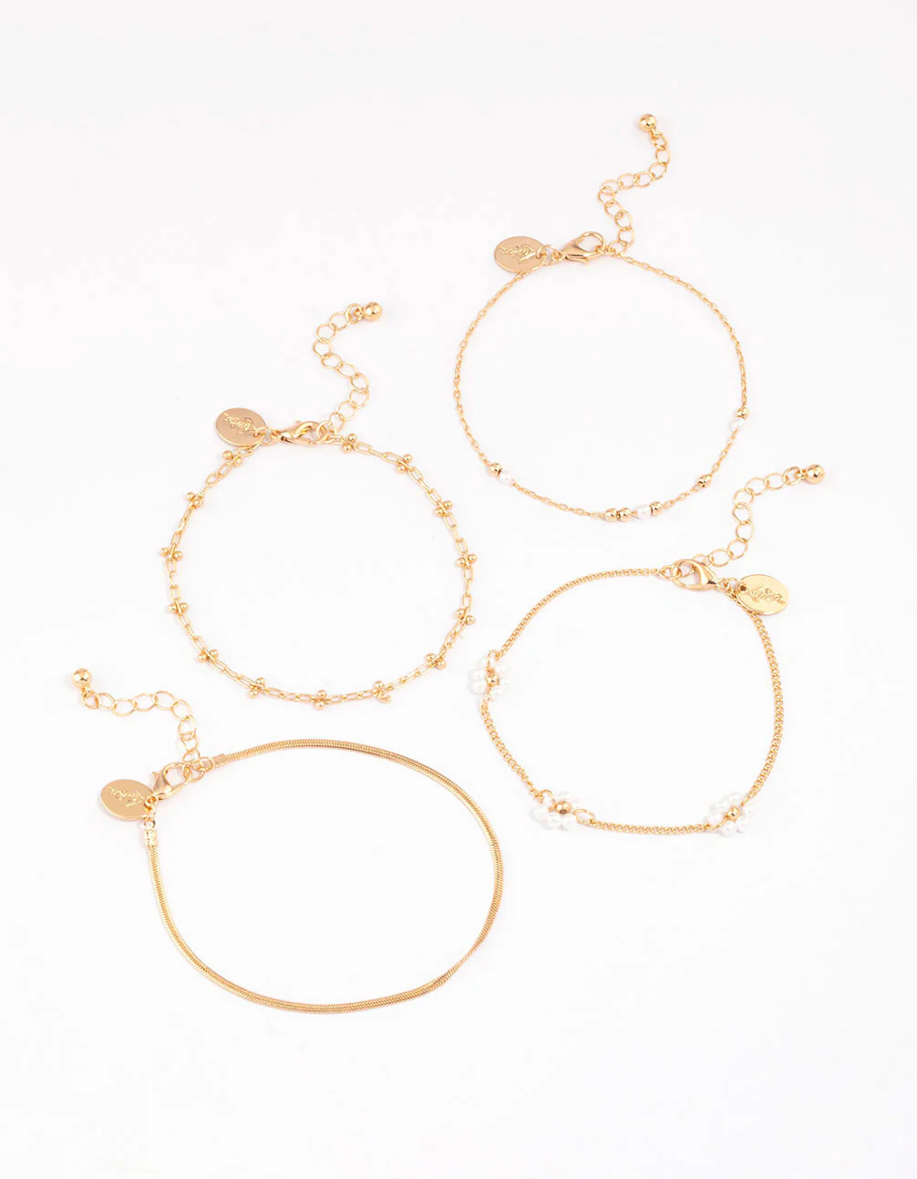 Gold Chain Pearly Flower Bracelet & Anklet 4-Pack Set - Image 3
