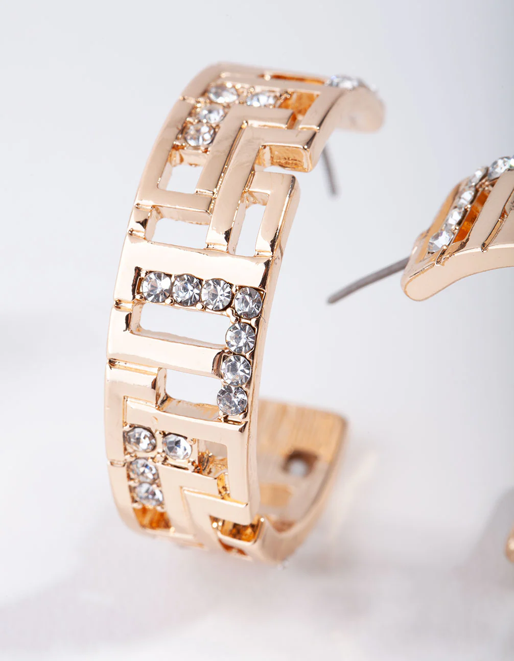 Gold Greek Key Diamante Hoop Earrings - Image 2