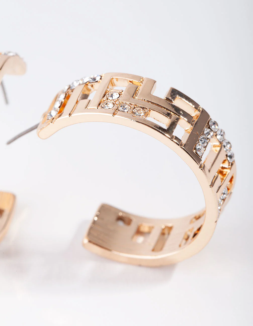 Gold Greek Key Diamante Hoop Earrings - Image 3