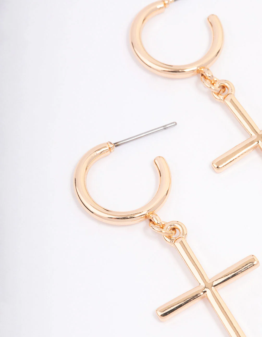 Gold Huggie Cross Pendant Earrings - Image 2