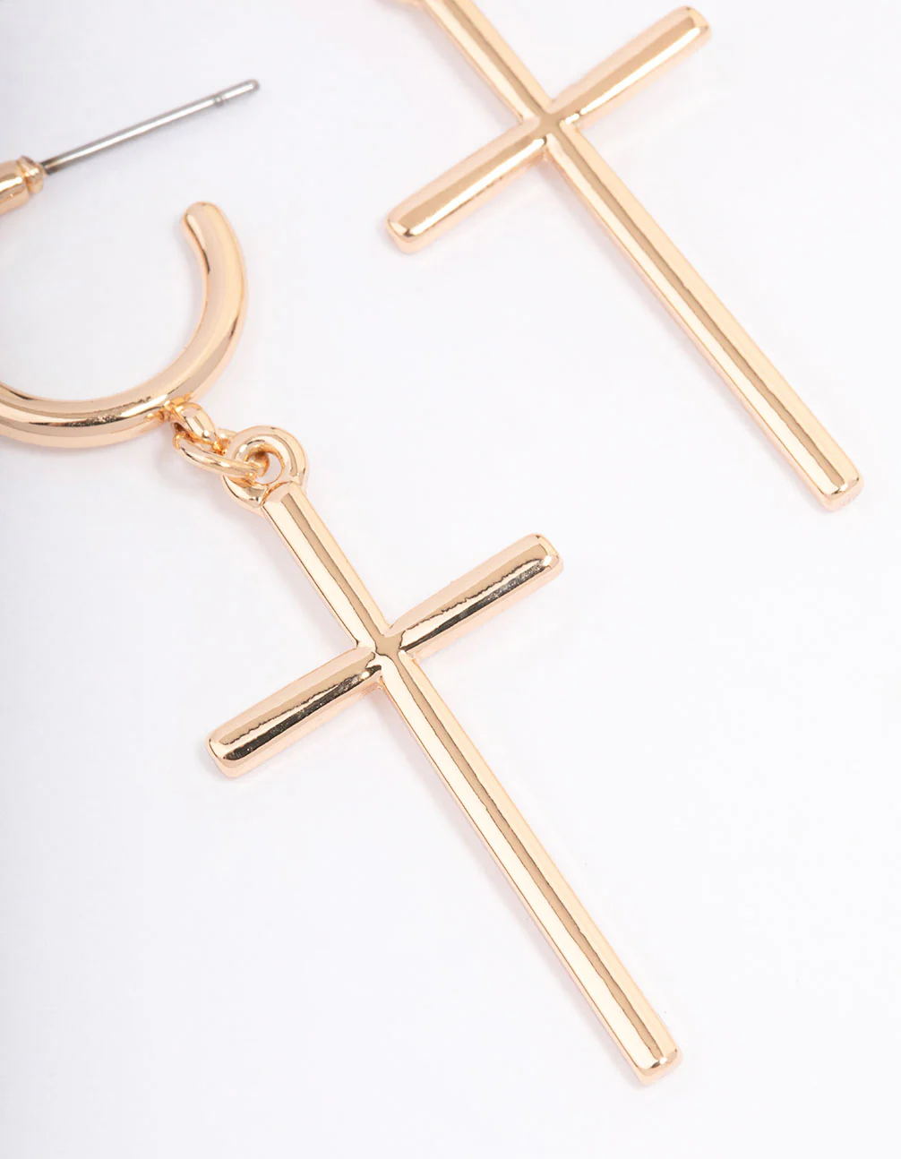 Gold Huggie Cross Pendant Earrings - Image 3