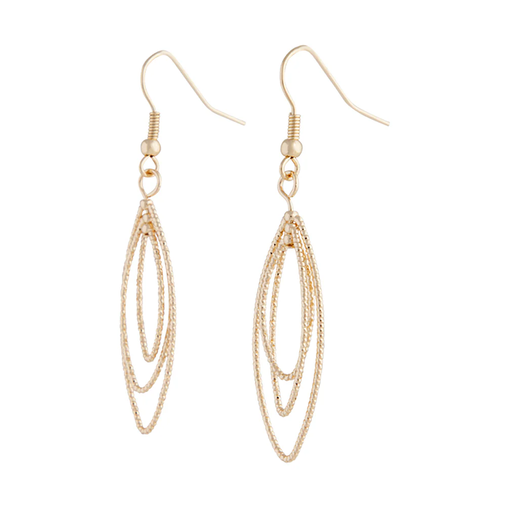 Gold Triple Diamond Cut Navette Drop Earrings - Image 2