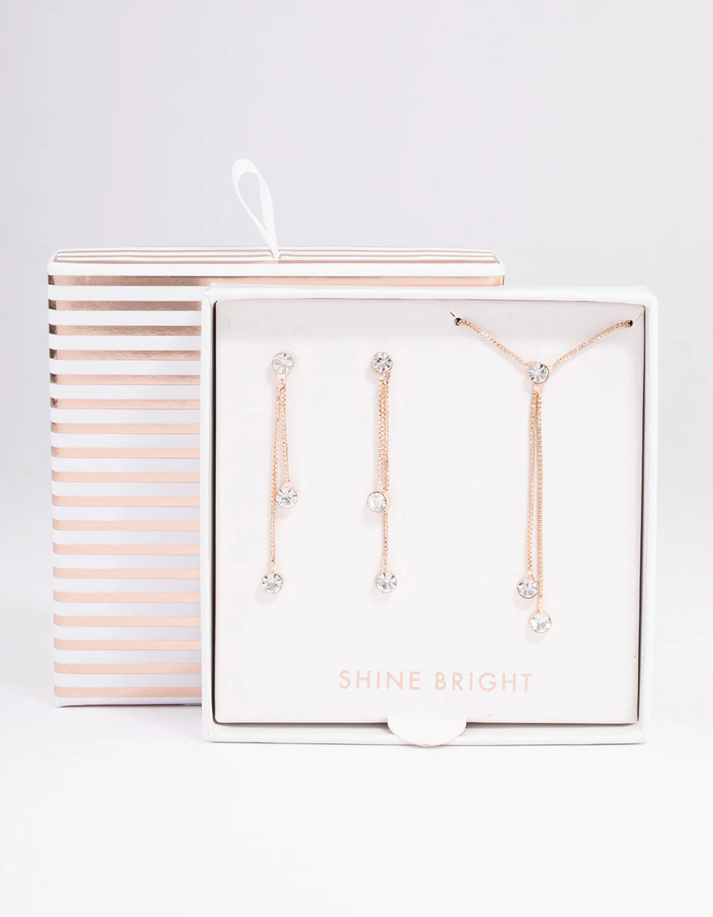 Rose Gold Diamante Drop Earrings Necklace Gift Box - Image 3