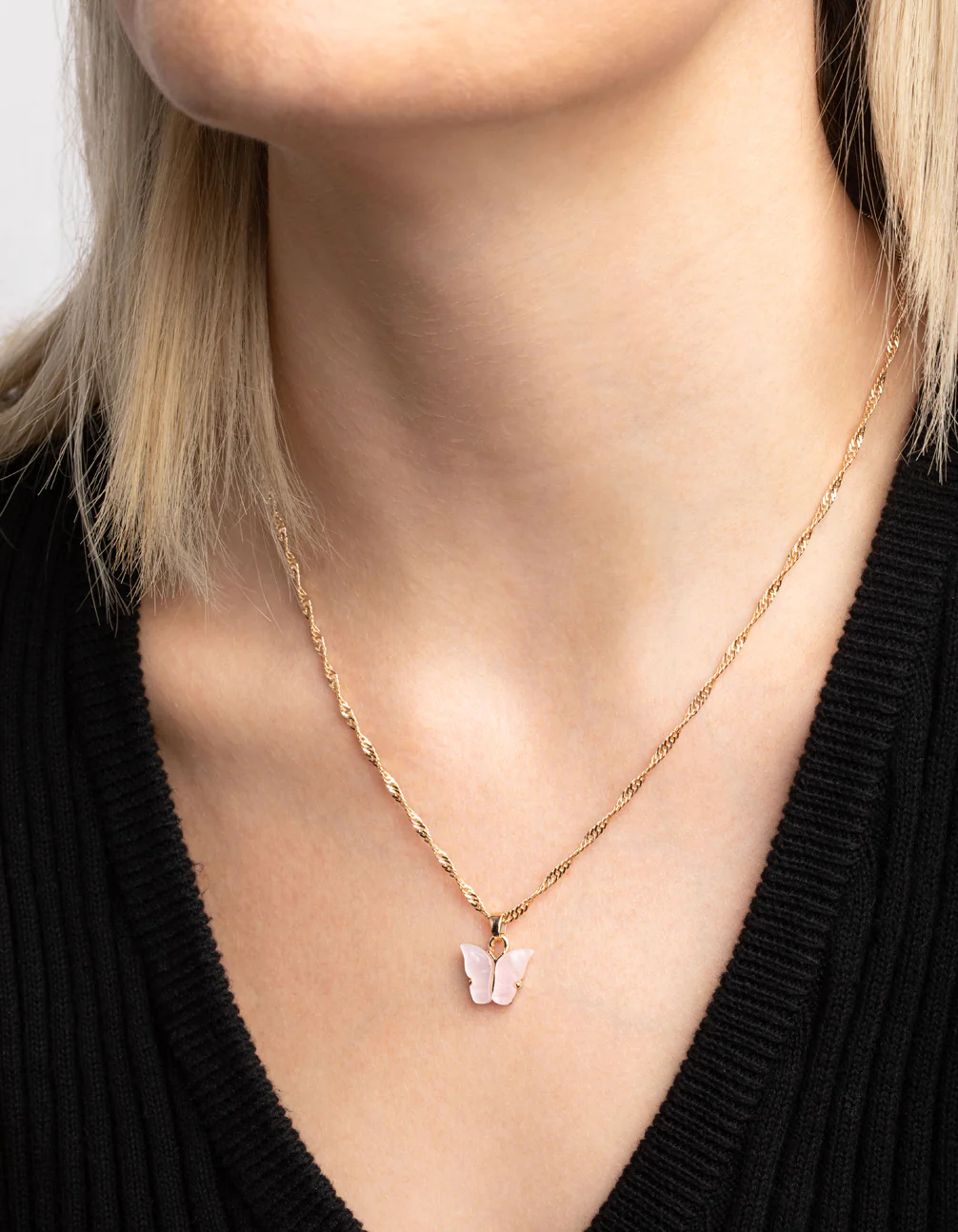 Pink Butterfly Necklace & Huggie Hoop Earrings - Image 2
