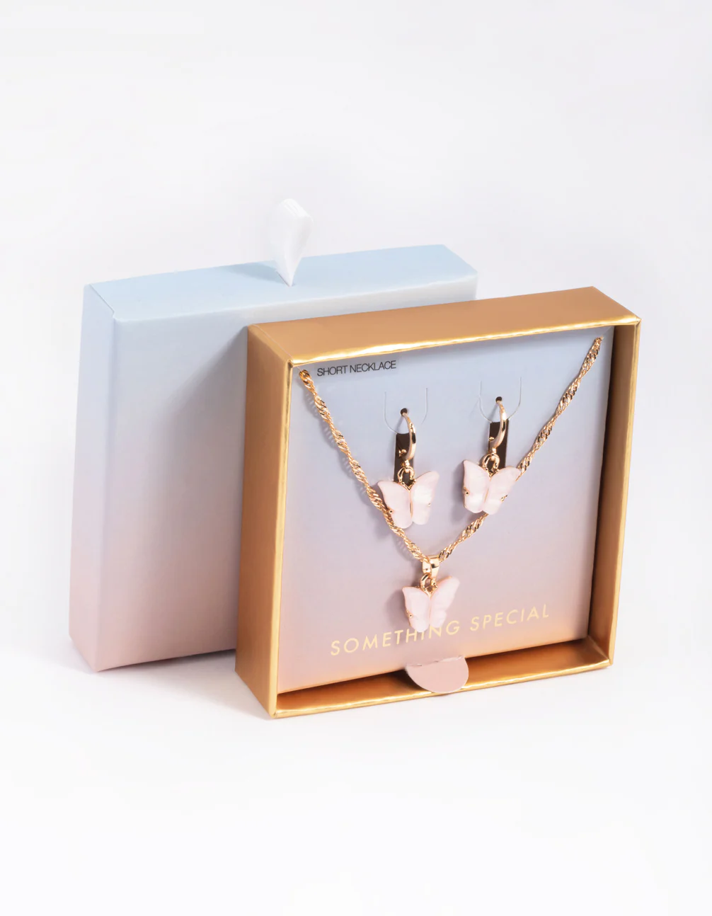 Pink Butterfly Necklace & Huggie Hoop Earrings - Image 3