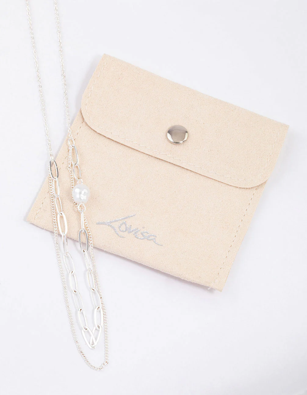 Silver Double Row Pearl Chain Necklace & Polishing Set - Image 2