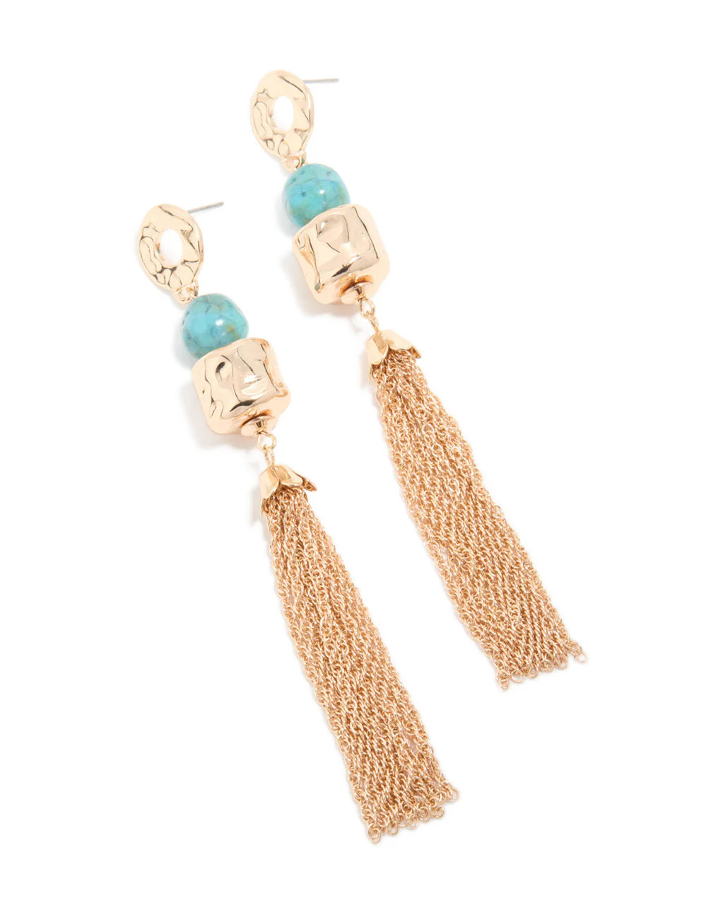 Gold Aqua Beaded Hammered Chain Drop Earrings - Image 2