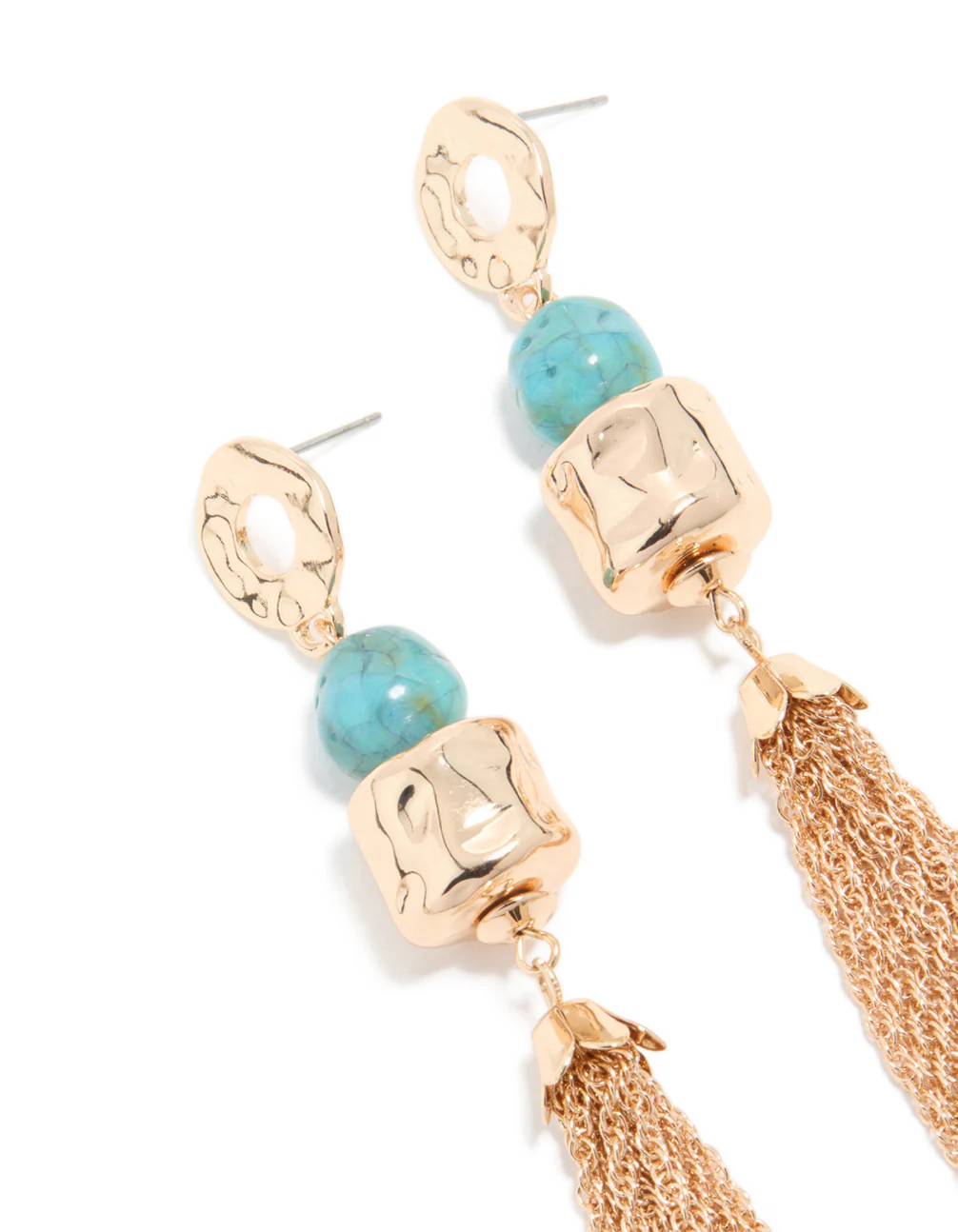 Gold Aqua Beaded Hammered Chain Drop Earrings - Image 4