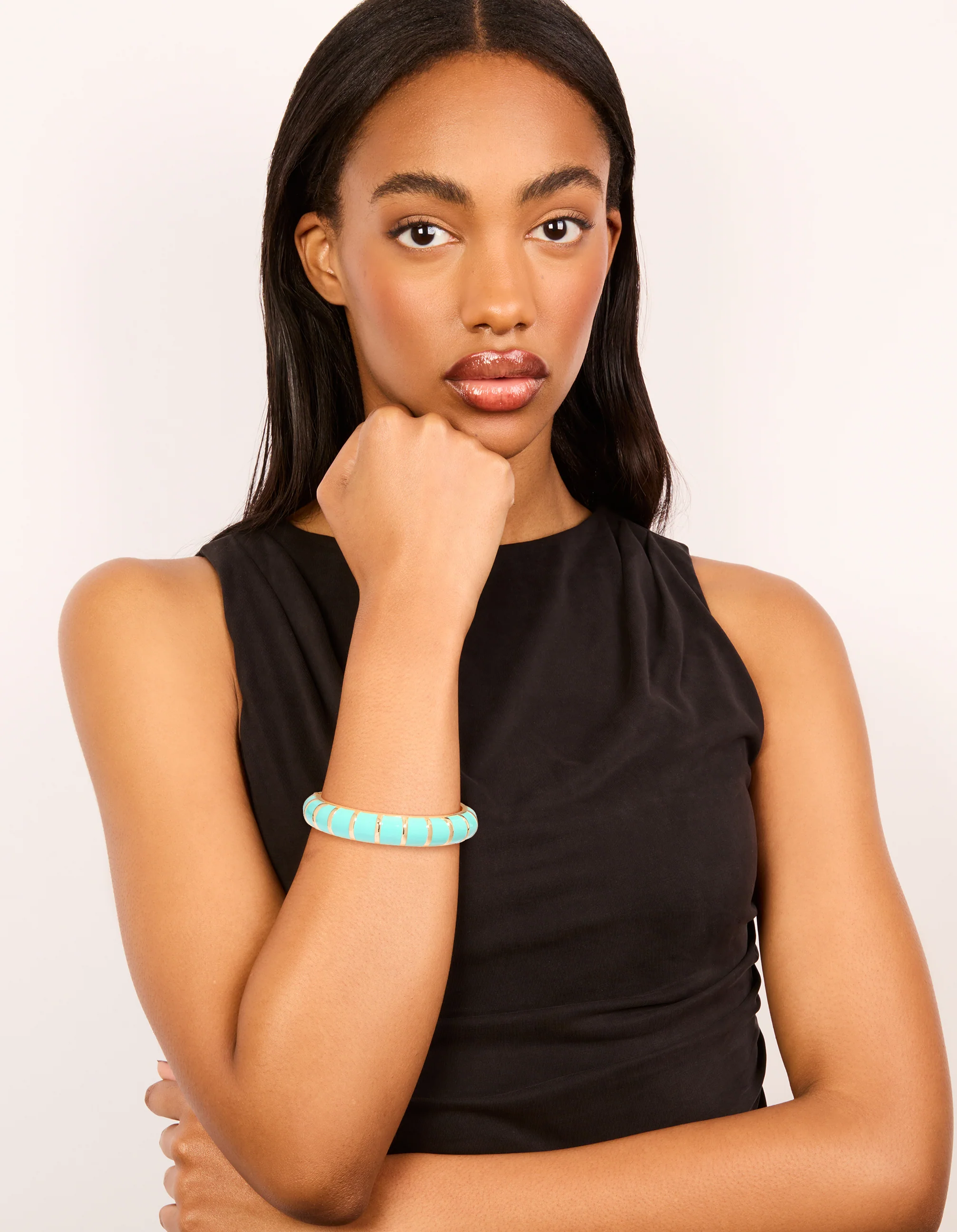 Gold Aqua Enamel Stripe Bangle - Image 2
