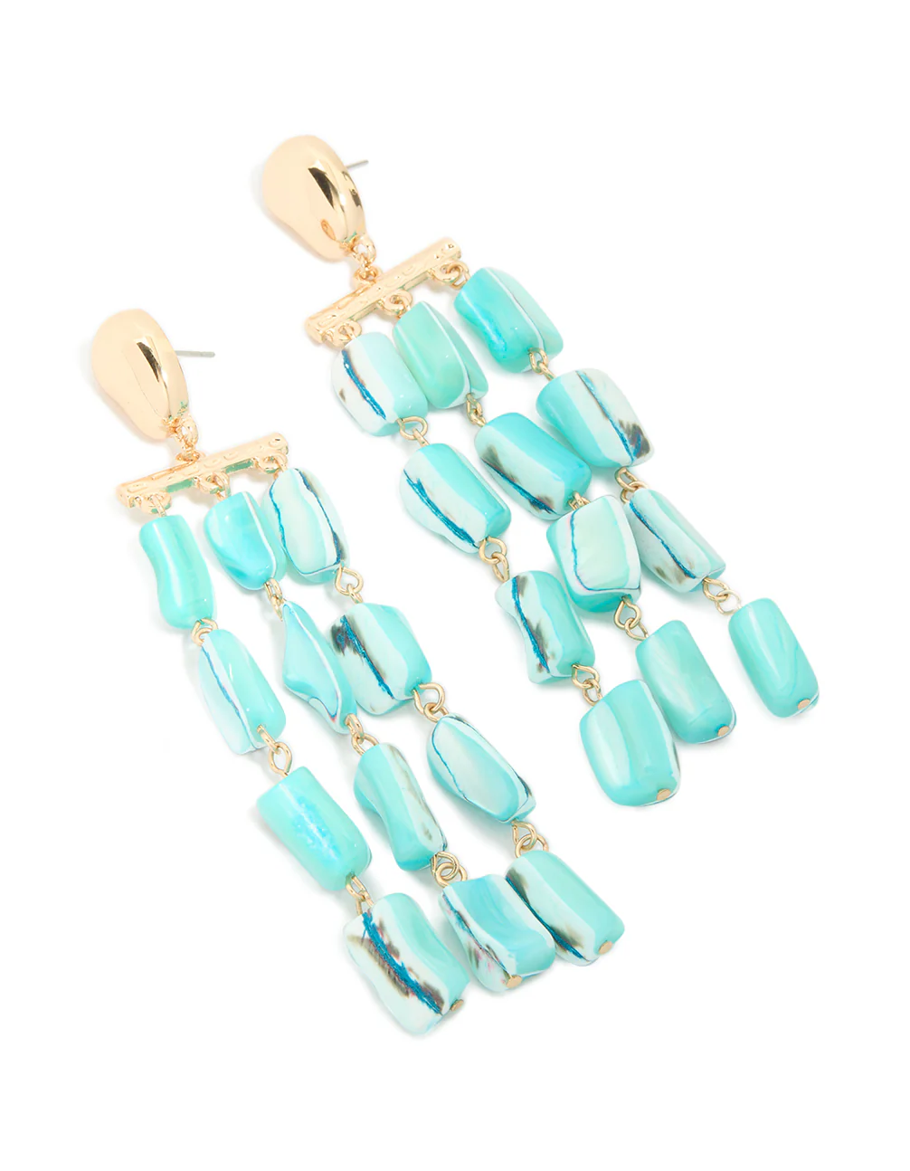 Gold Aqua Marbled Beaded Layered Drop Earrings - Image 2
