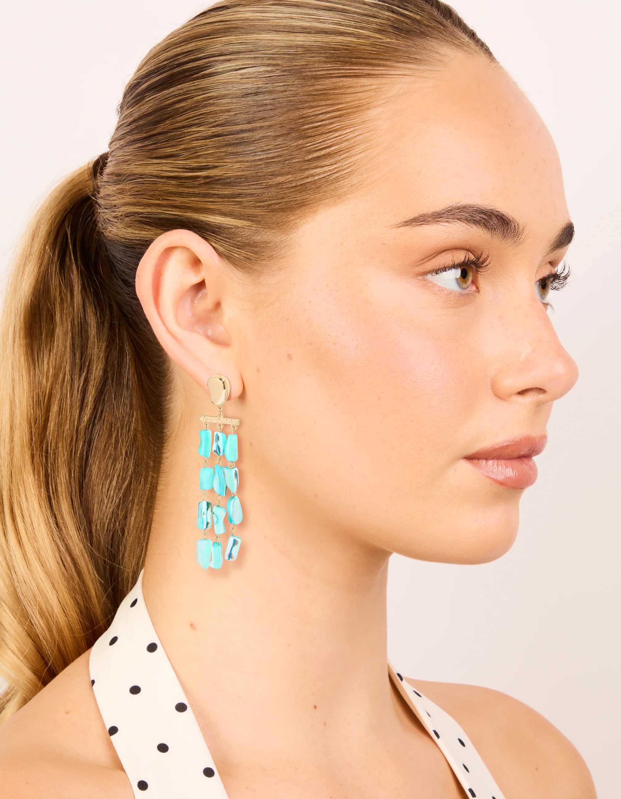 Gold Aqua Marbled Beaded Layered Drop Earrings - Image 3