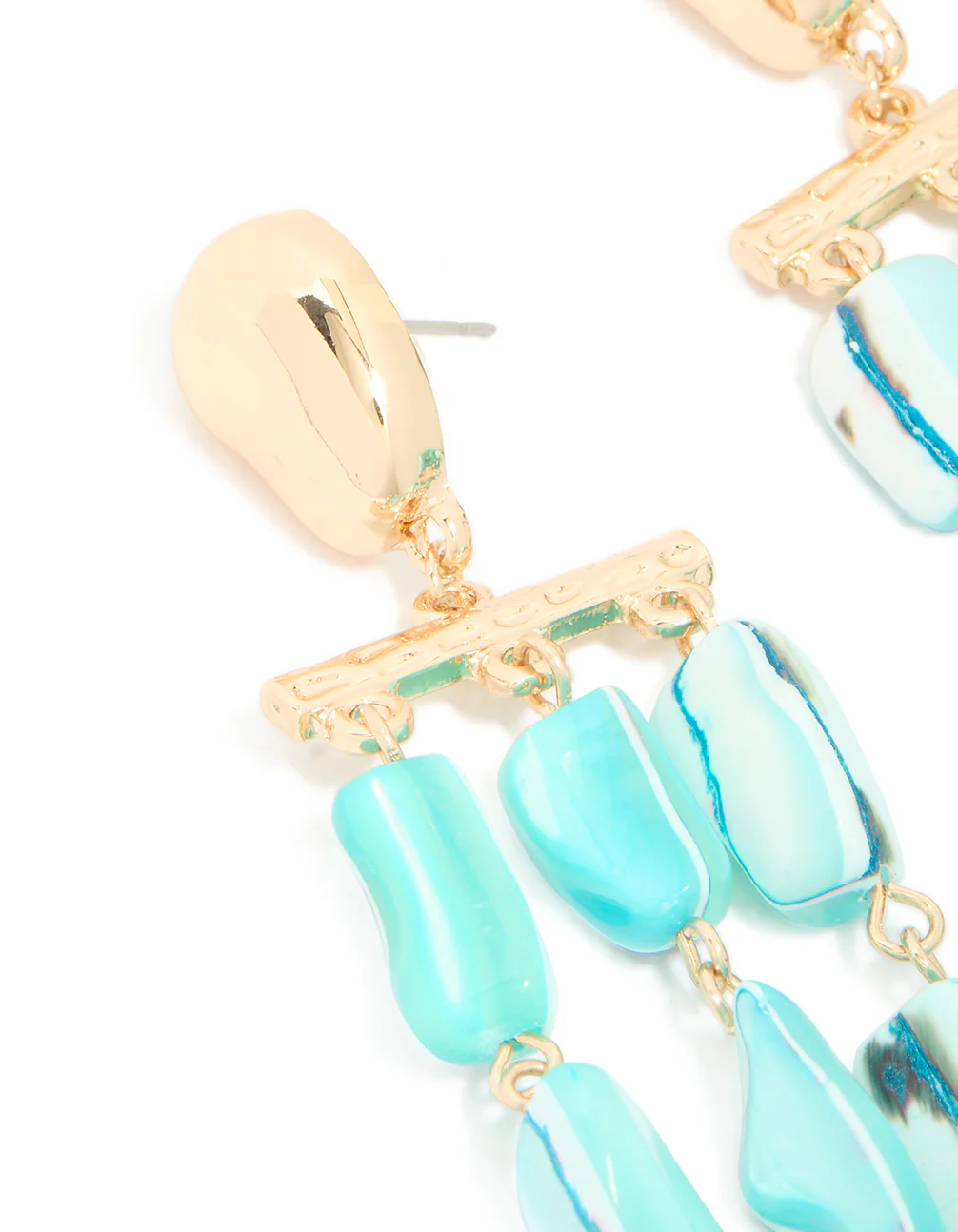 Gold Aqua Marbled Beaded Layered Drop Earrings - Image 4