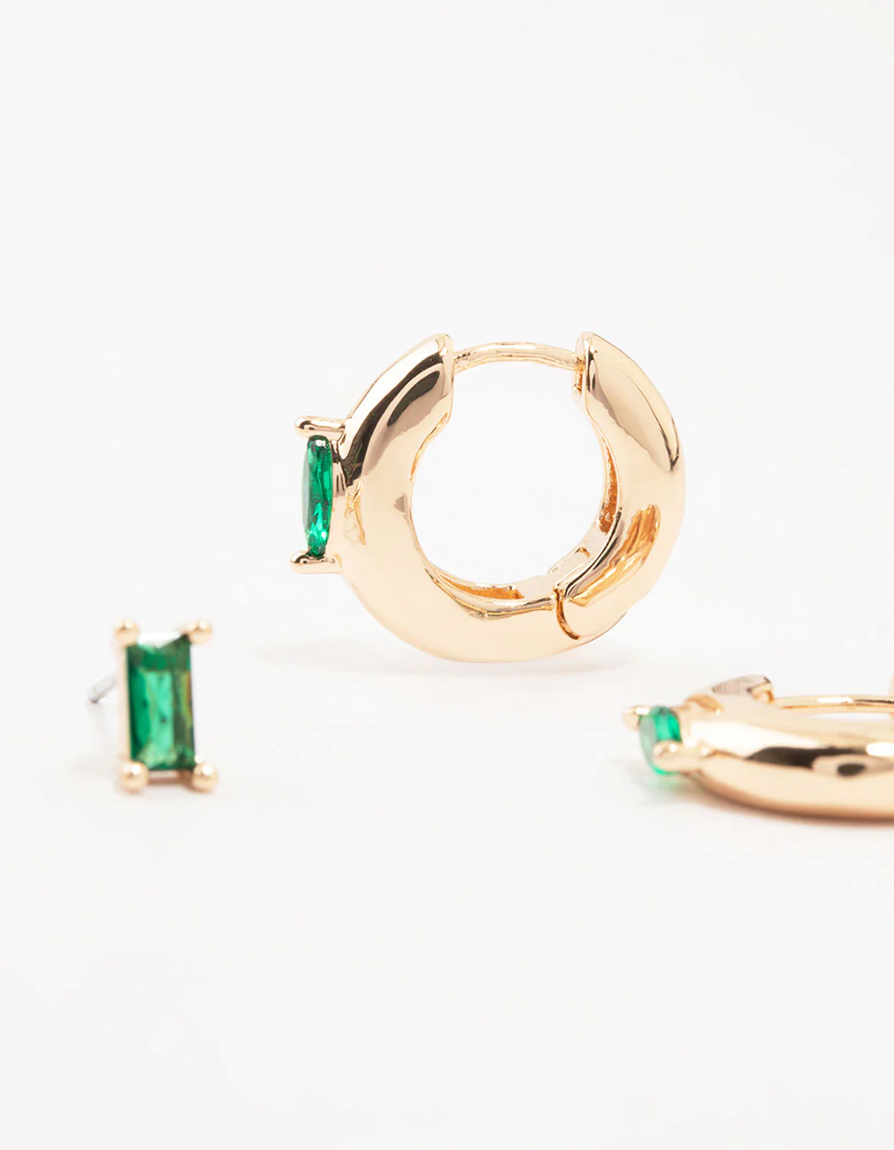 Gold Baguette Green Marquise Huggie Earrings 3-Pack - Image 3