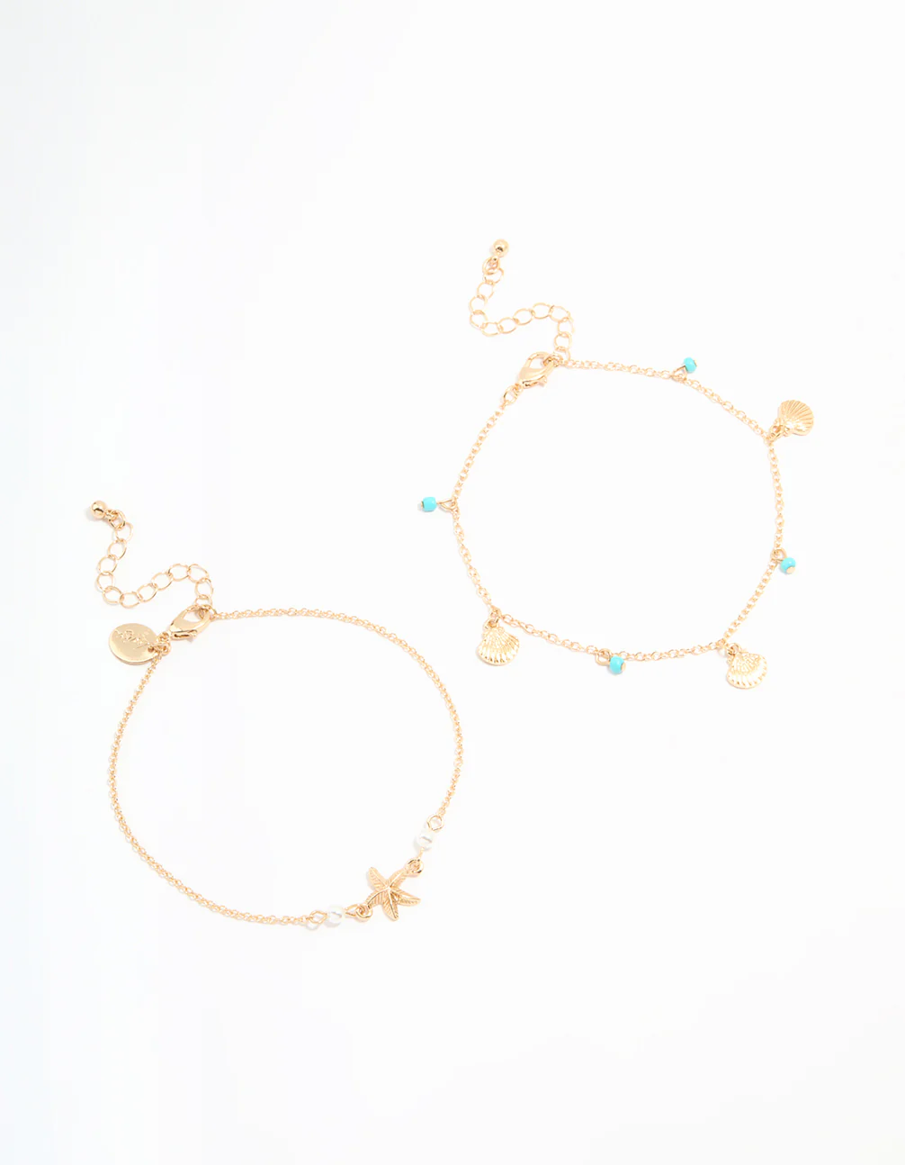 Gold Bead Shell & Tiny Starfish Anklets 2-Pack