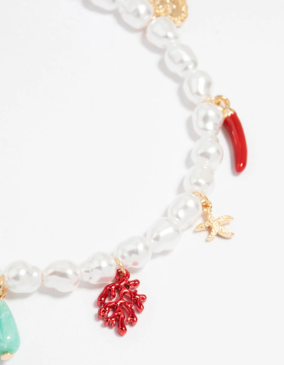 Gold Beaded Pearl Sea Charm Anklet - Image 2