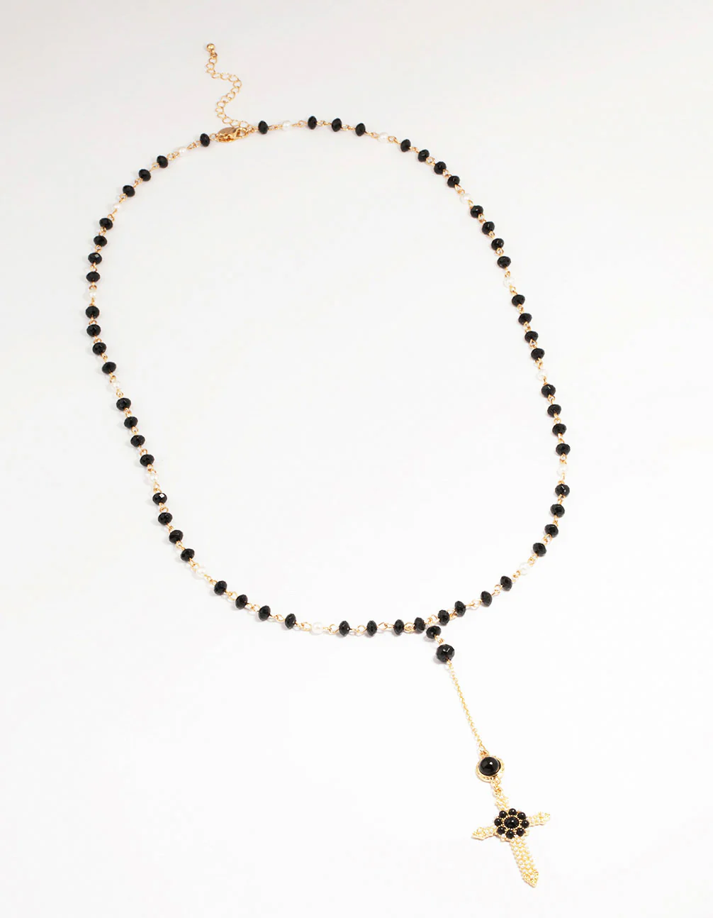 Gold & Black Beaded Cross Pendant Long Y-Necklace - Image 2