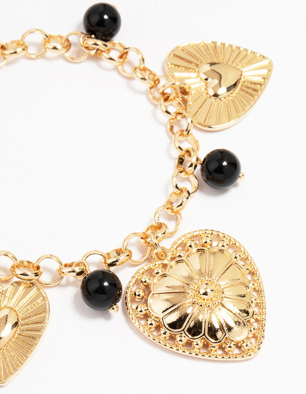 Gold Black Beaded Heart Charm Bracelet - Image 2