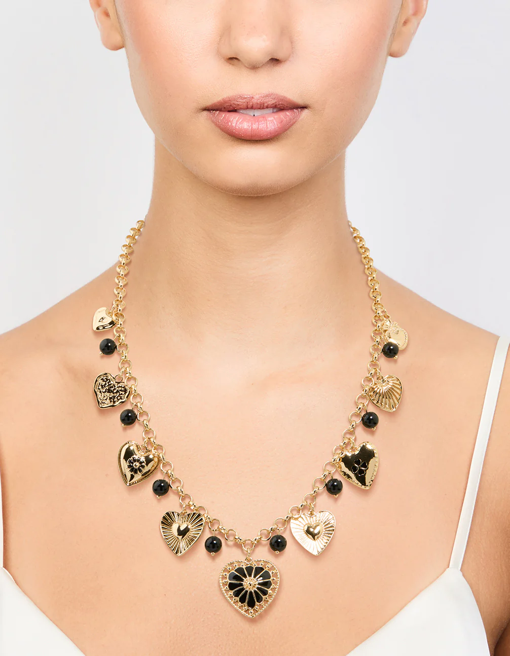 Gold Black Beaded Heart Charm Necklace - Image 2