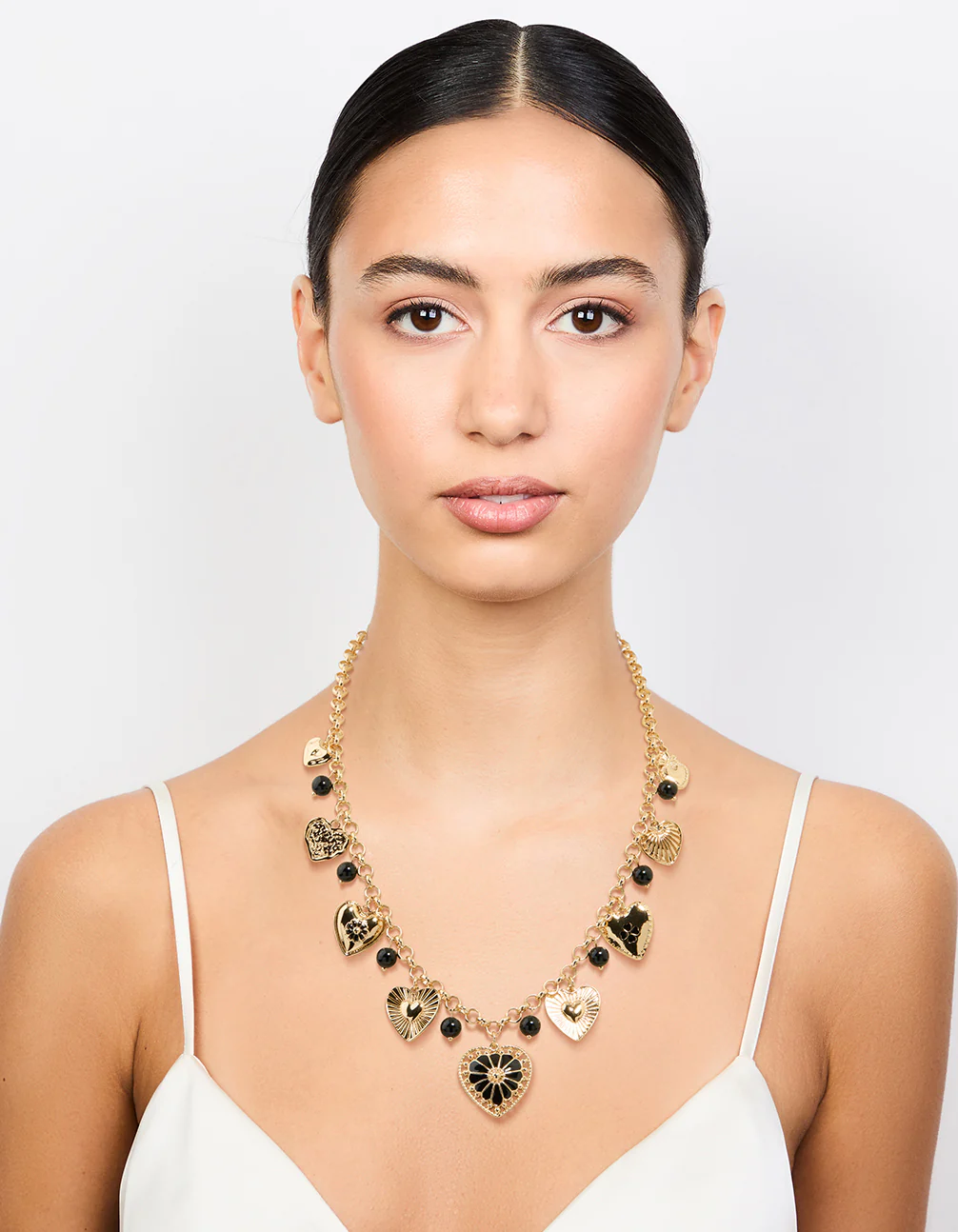 Gold Black Beaded Heart Charm Necklace - Image 3
