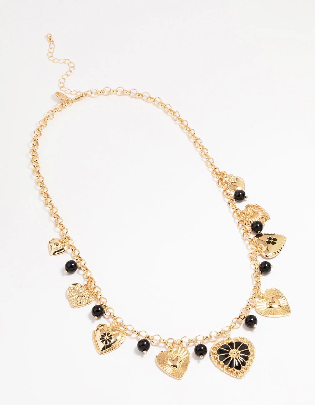 Gold Black Beaded Heart Charm Necklace - Image 4