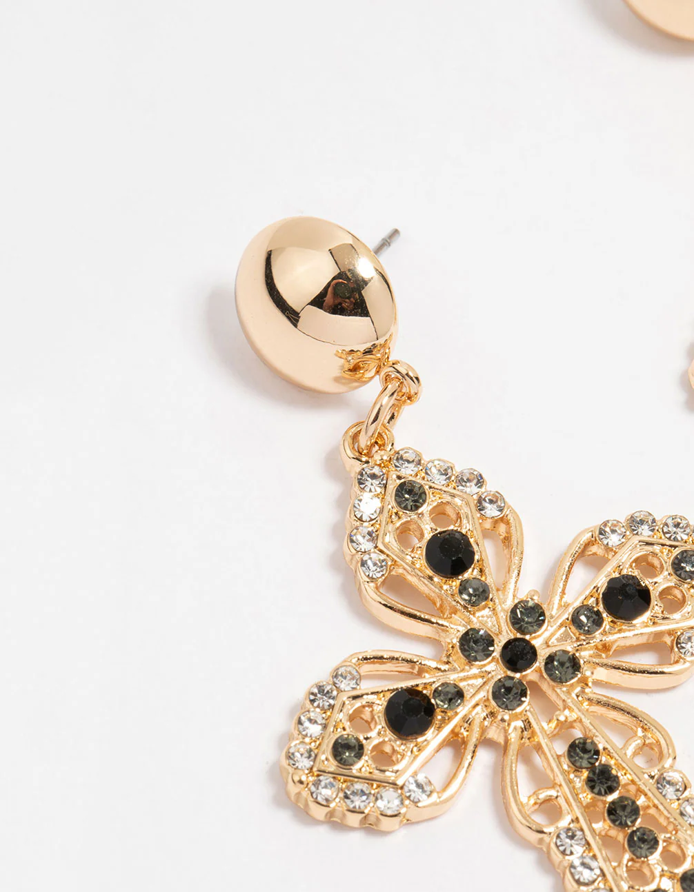 Gold Black Diamante Cross Drop Earrings - Image 4