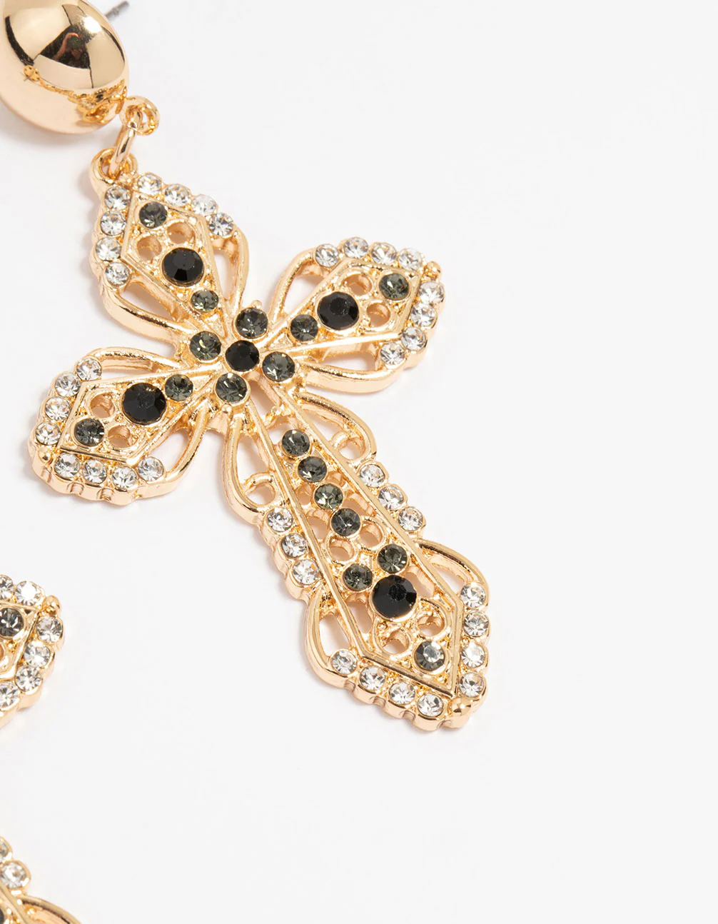 Gold Black Diamante Cross Drop Earrings - Image 5