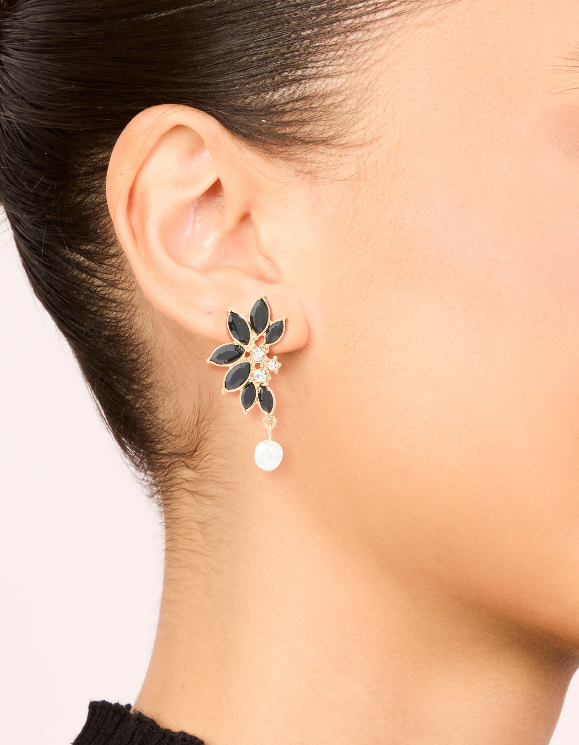 Gold Black Diamante Pearl Marquise Stud Earrings - Image 2