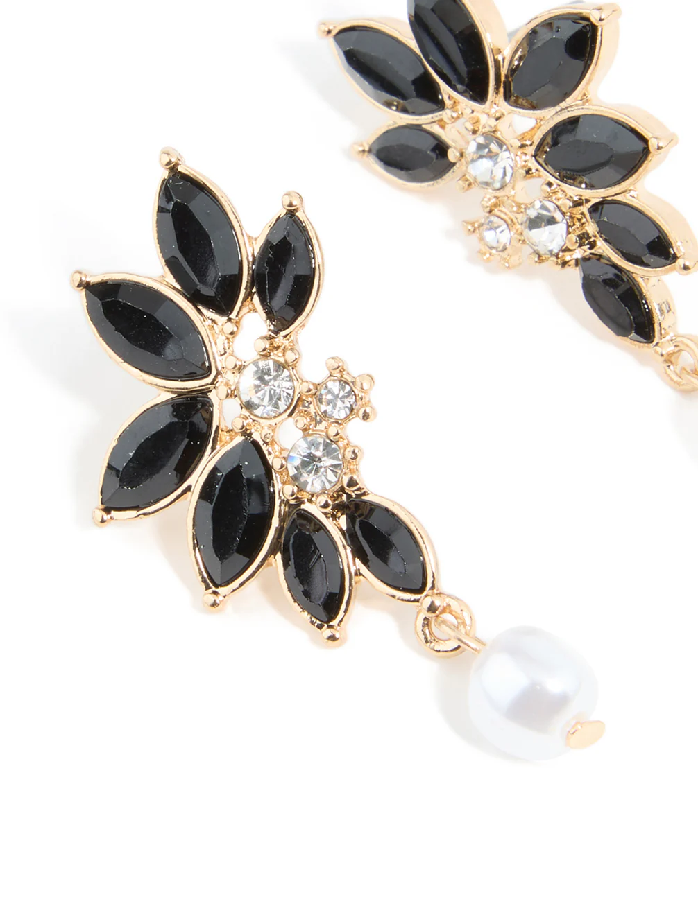 Gold Black Diamante Pearl Marquise Stud Earrings - Image 4