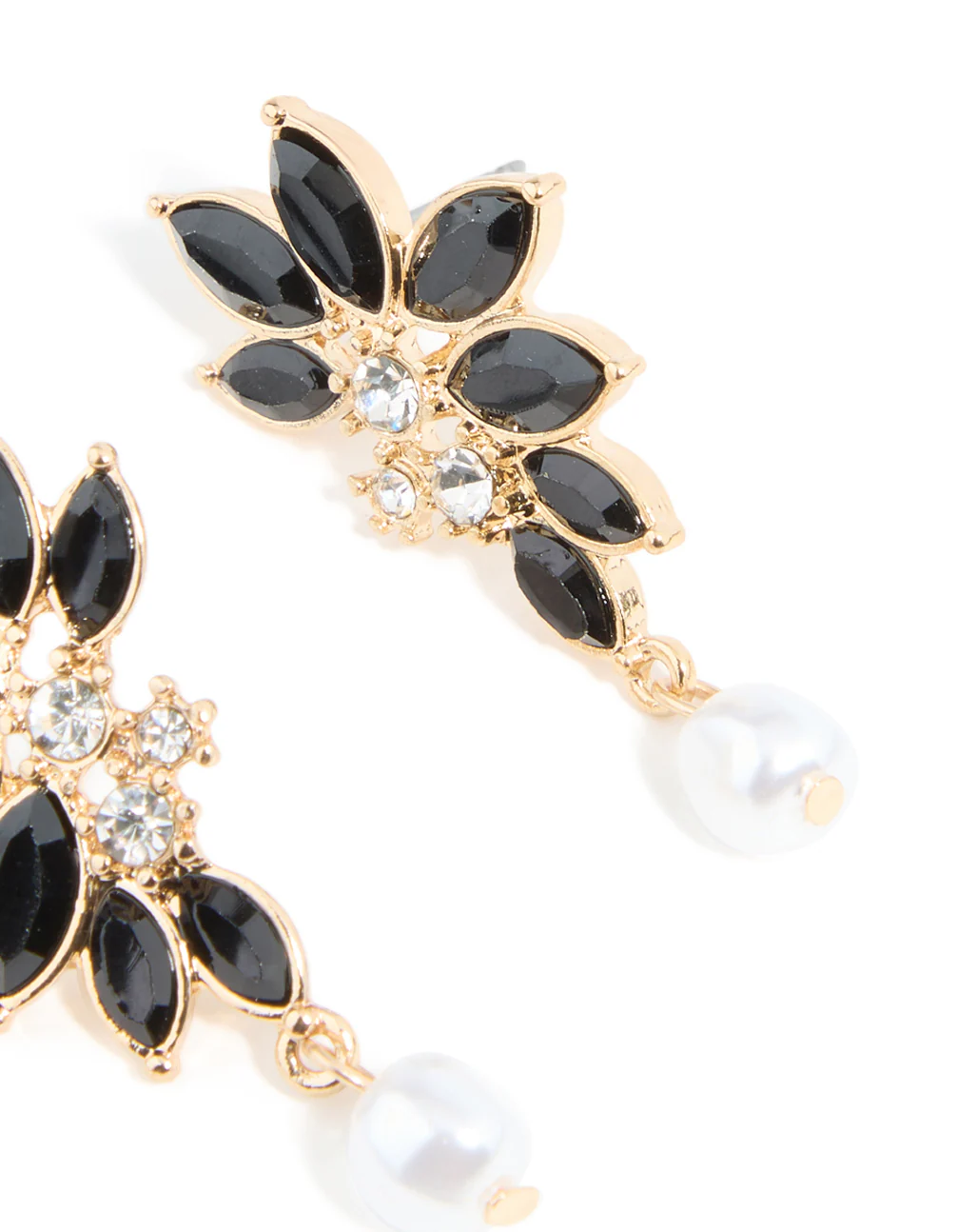 Gold Black Diamante Pearl Marquise Stud Earrings - Image 5