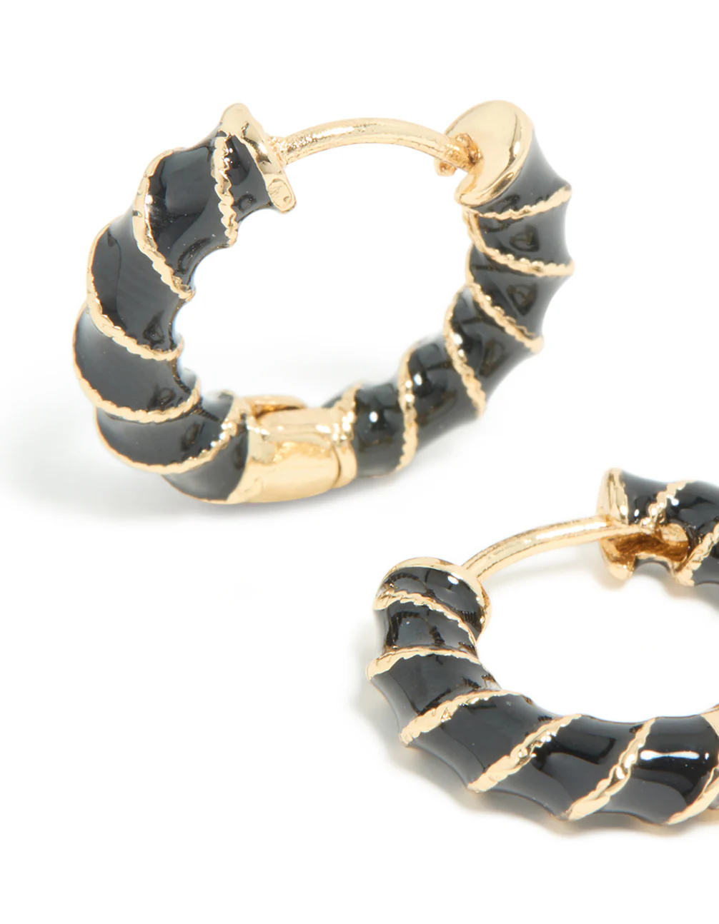 Gold Black Enamel Small Twisted Hoop Earrings - Image 4